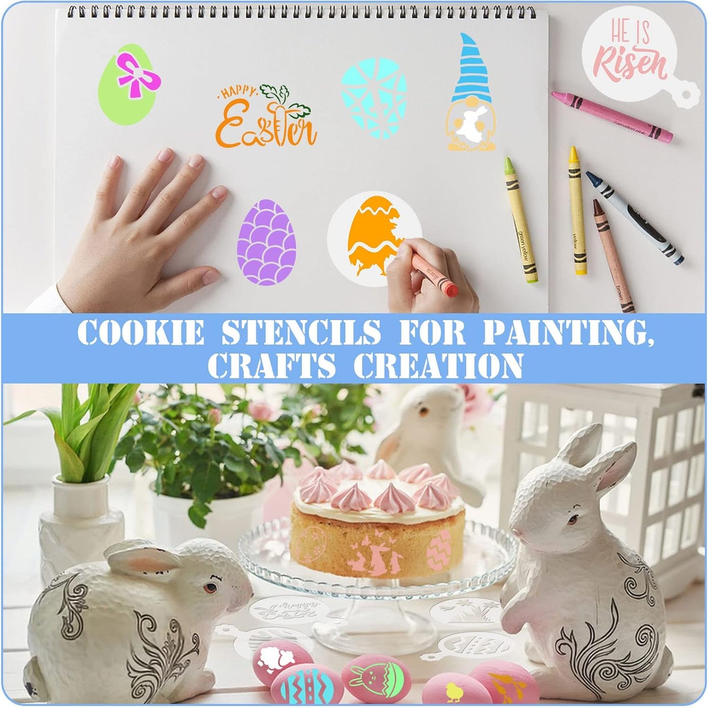 JULBEAR Easter Cookie Stencils, 36Pcs Reusable Eggs Bunny Cookie Coffee Stencils Templates Mold Tools for Cookies Baking Painting Dessert Coffee Decoration Easter Party Supplies