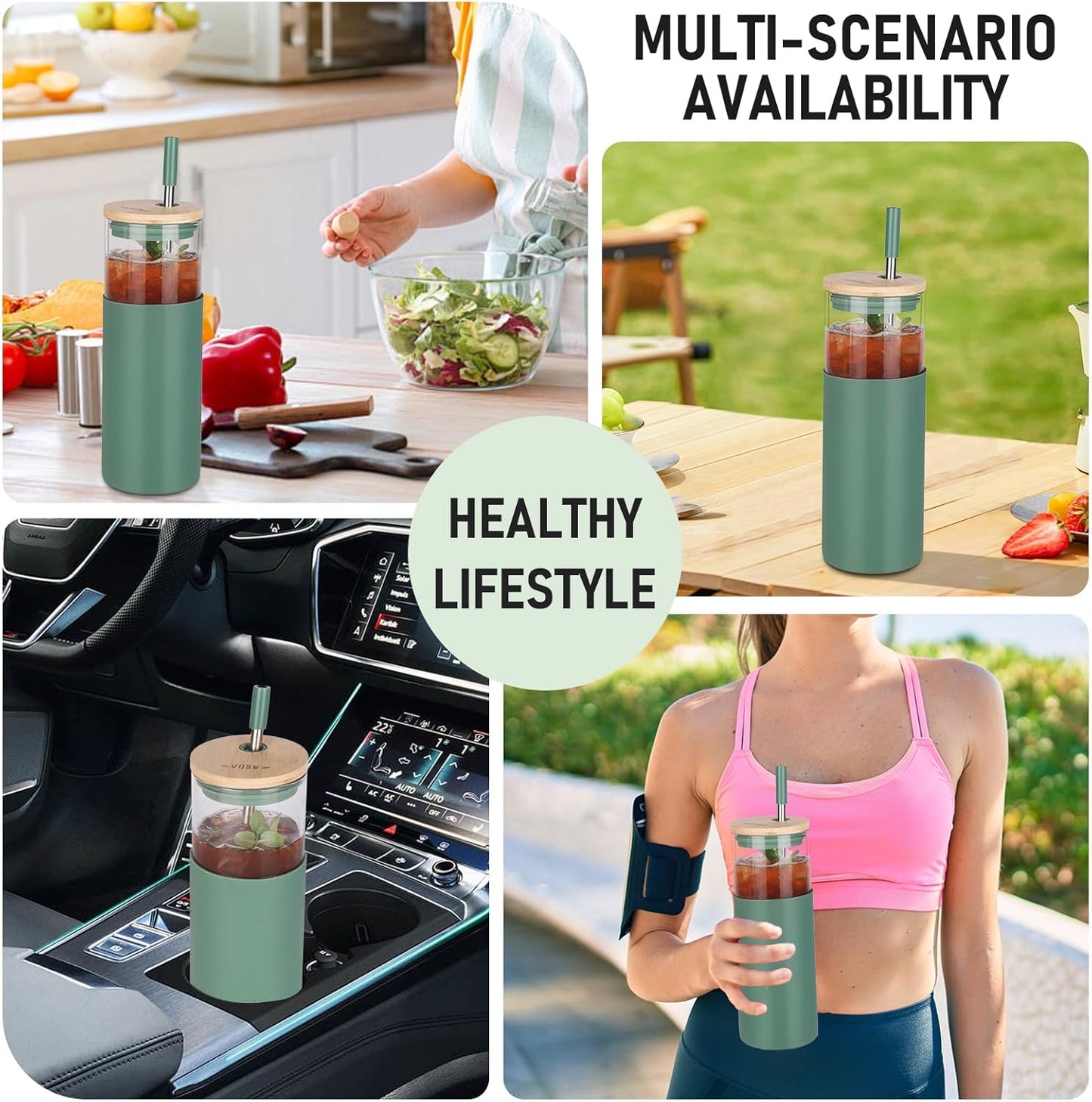 Glass Tumbler w/Lids & Straw: 24 oz Reusable Glass Cup w/Bamboo Lid, Stainless Steel Straws, BPA-Free, Leak-Proof, Dishwasher Safe for Coffee/Smoothies/Hot Beverage, Travel/Office/Home Use, 1-Pk