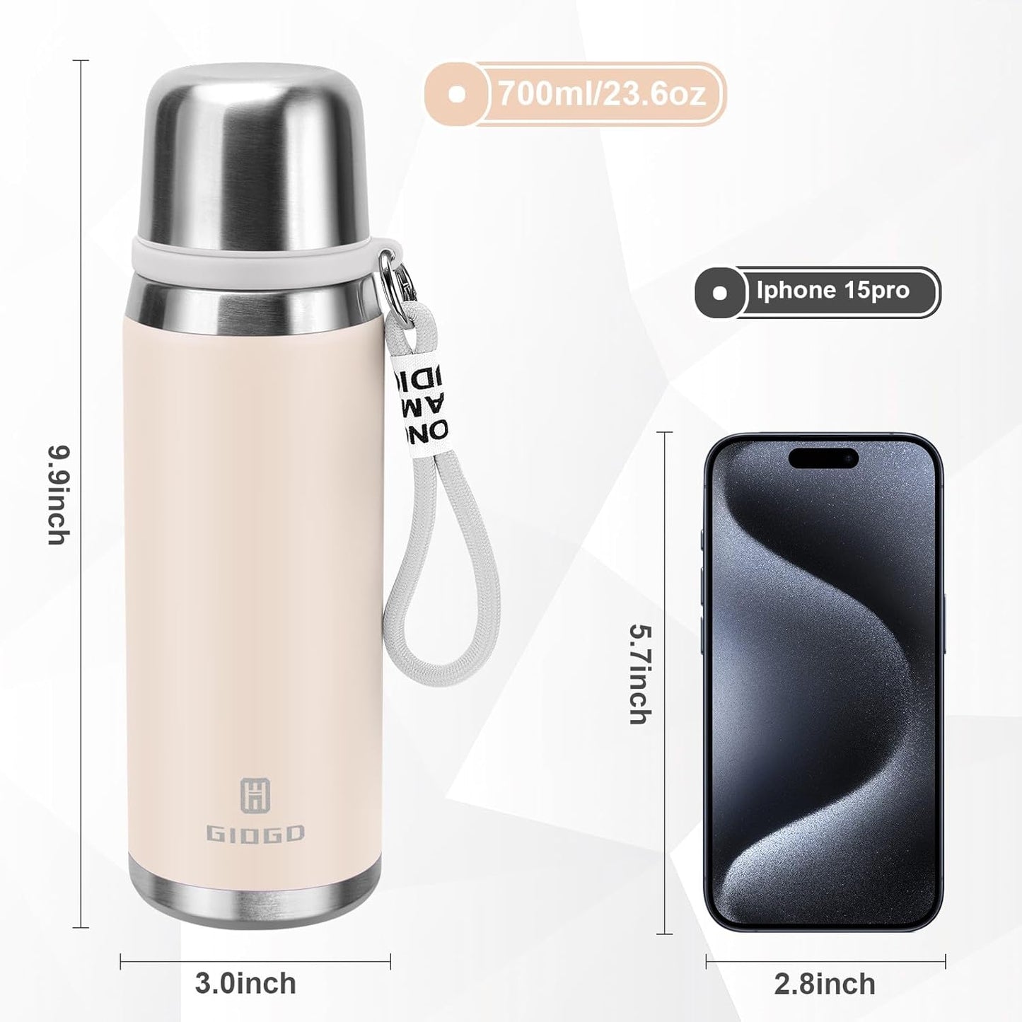 Stainless Steel thermo Bottles with cup 700ml/23.7oz Vacuum Insulated Bottle for hot and cold coffee drink water thermo flask with cup.(Gradient White,700ml)