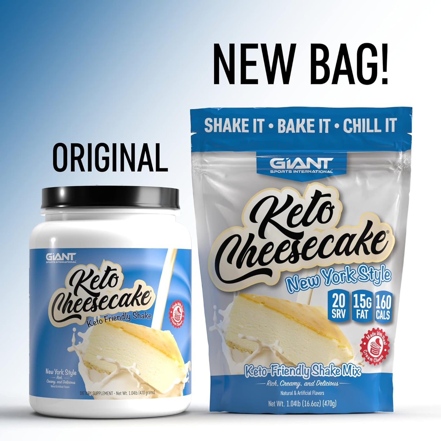 Giant Sports Keto Cheesecake Shake Mix - Delicious Low Carb, Ketogenic Diet Gluten Free Powder Mix - Meal Replacement - Works Great with Almond Milk - New York Style (20 Serving Bag)