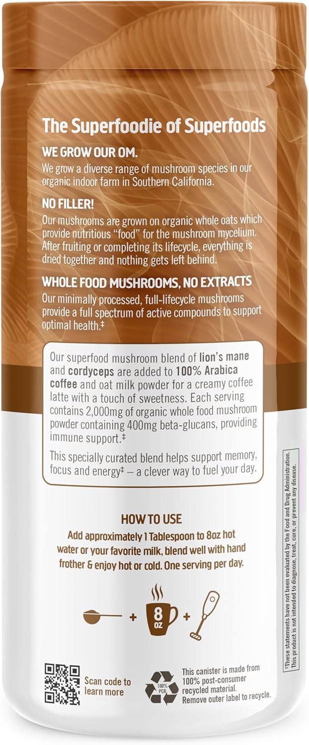 OM MUSHROOM SUPERFOOD Coffee Latte Blend Mushroom Powder, 8.47 Ounce Canister, 30 Servings, Lion's Mane, Cordyceps, Reishi, Chaga, Energy & Mental Clarity Support Supplement