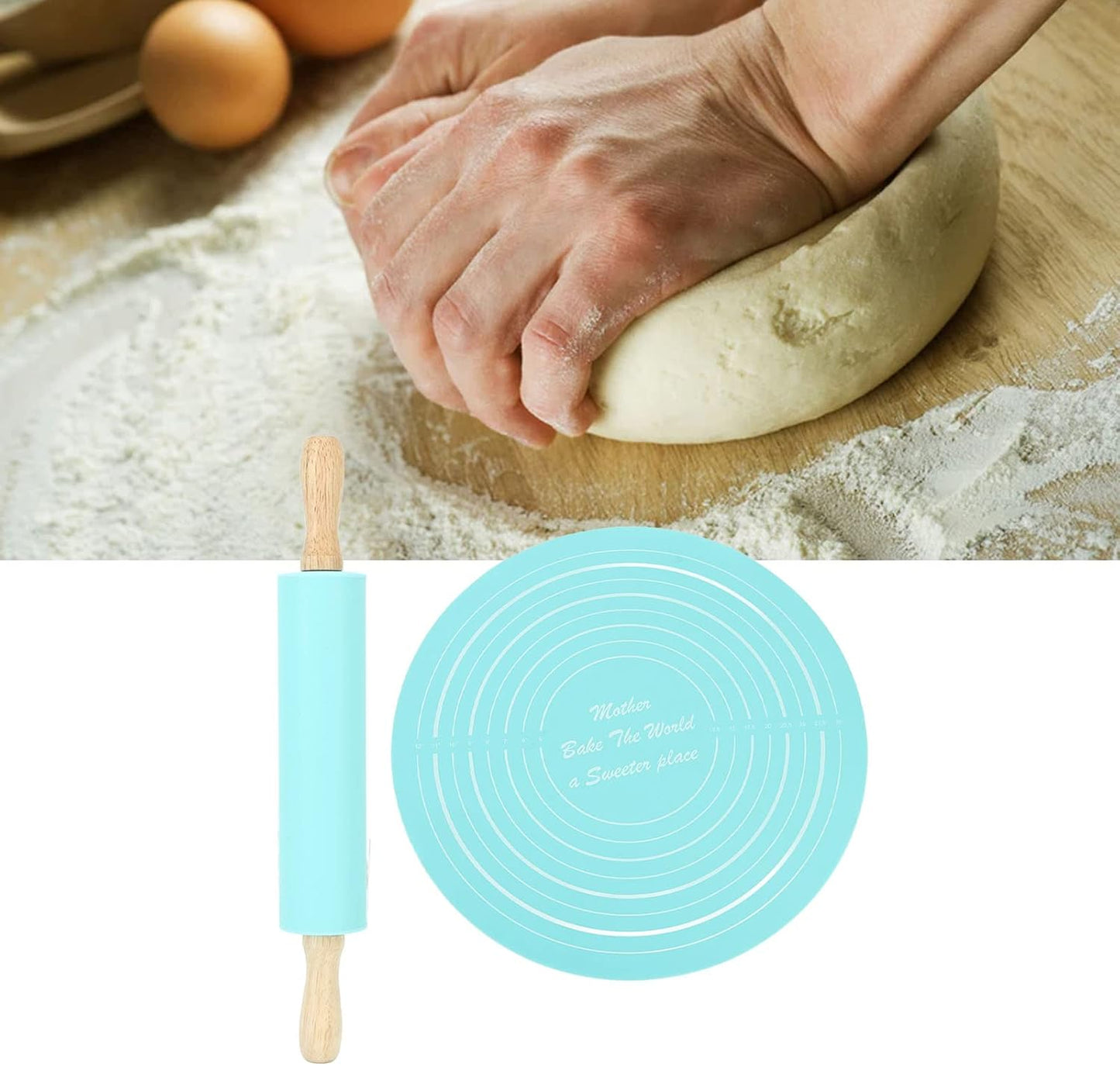 Large Silicone Rolling Pin Pastry Baking Mat Set for Kitchen (Blue)