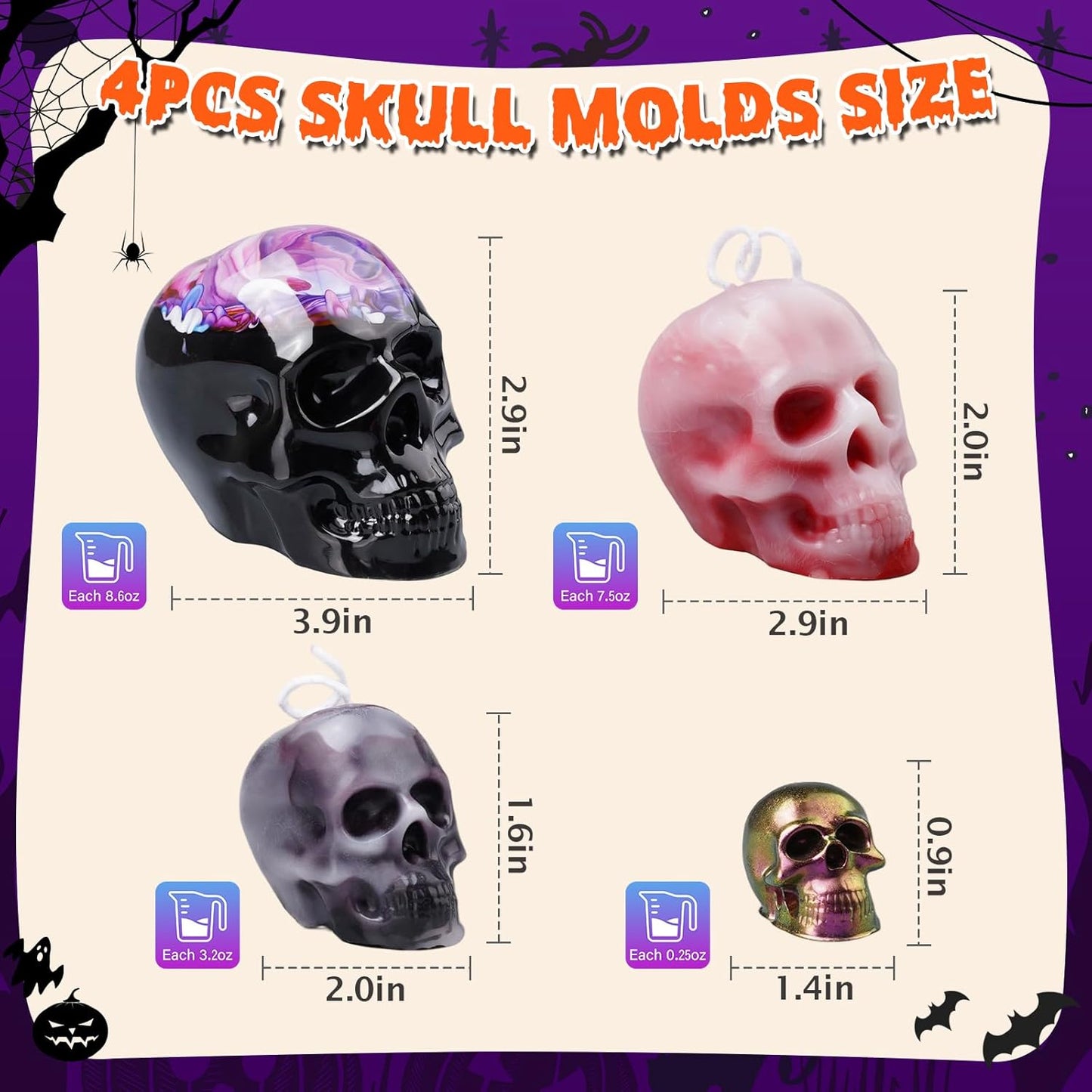 LET'S RESIN 3D Skull Resin Molds, 4 Sizes Set of Skull Silicone Molds for Epoxy Resin, Candle Wax, Soap, Clay, Key Chain Casting, Ideal Halloween Home Decoration and Gifts