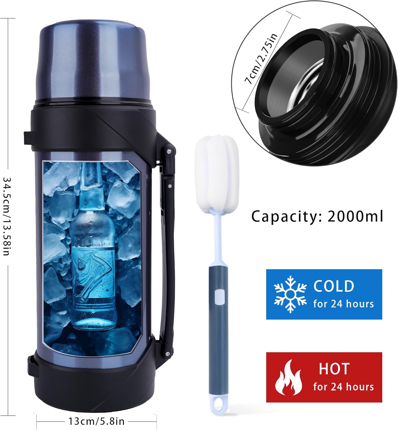 HoneyBee Insulated Water Bottle 68 Ounce Thermos For Hot & Cold Drink, 18/8 Stainless Steel Vacuum Insulation BPA Free, Travel Keep Liquid Hot For 24 Hours (Sapphire Blue)…