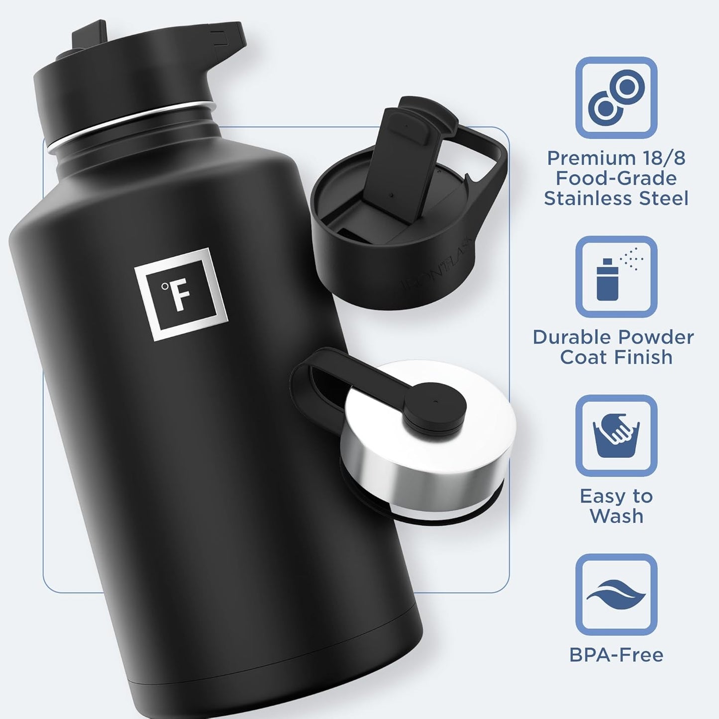 IRON °FLASK Camping & Hiking Hydration Flask with 3 Lids - Stainless Steel, Double Walled & Vacuum Insulated Water Bottle - Leak Proof & BPA Free (Twilight Blue, Straw - 64 oz)