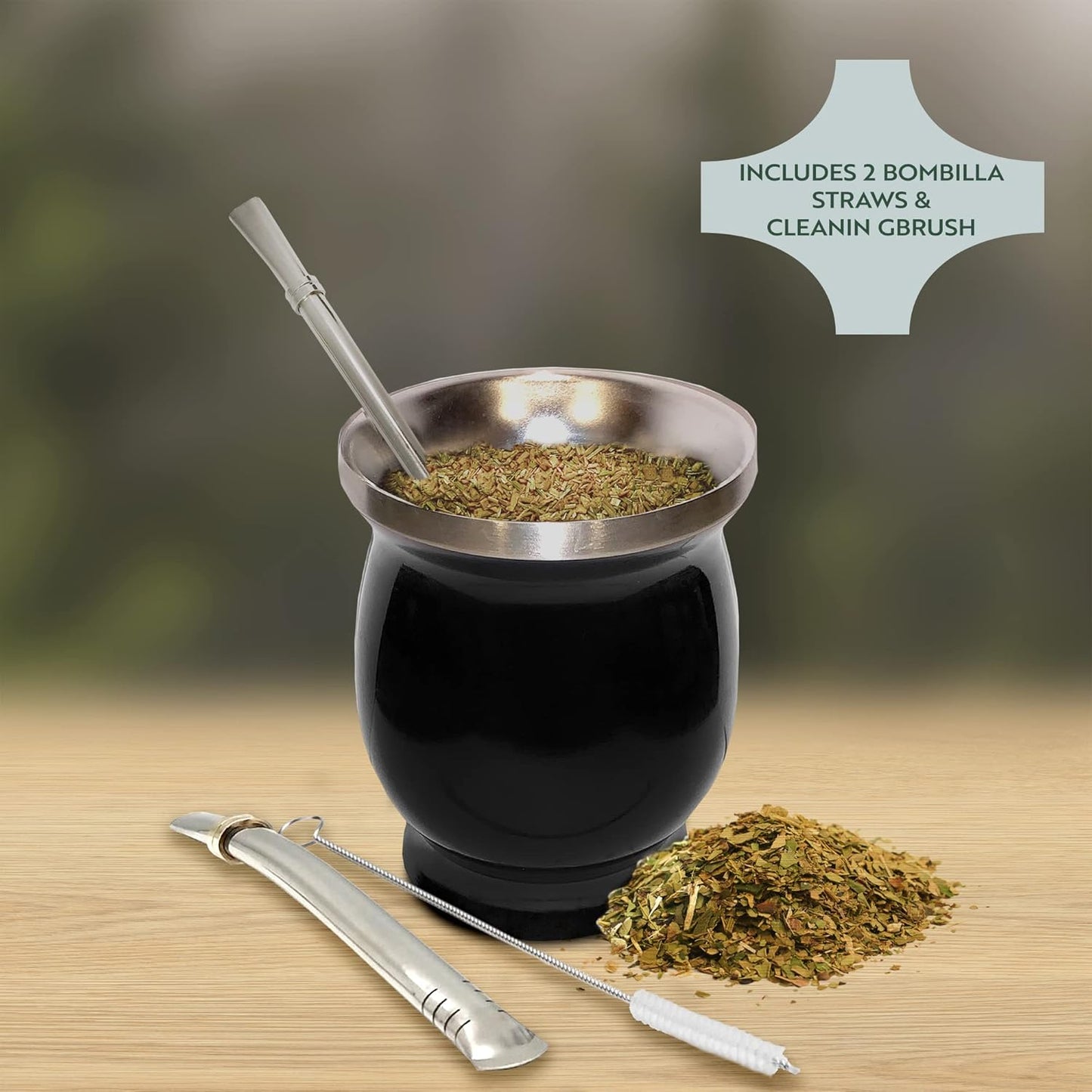Norte Yerba Mate Cup Kit, 8-Ounces Traditional Mate Tea Cup/Gourd Set | Includes 2 Bombillas (Yerba Mate Straw) & Cleaning Brush, Stainless Steel Cup, Double-Walled, Easy to Clean | Black