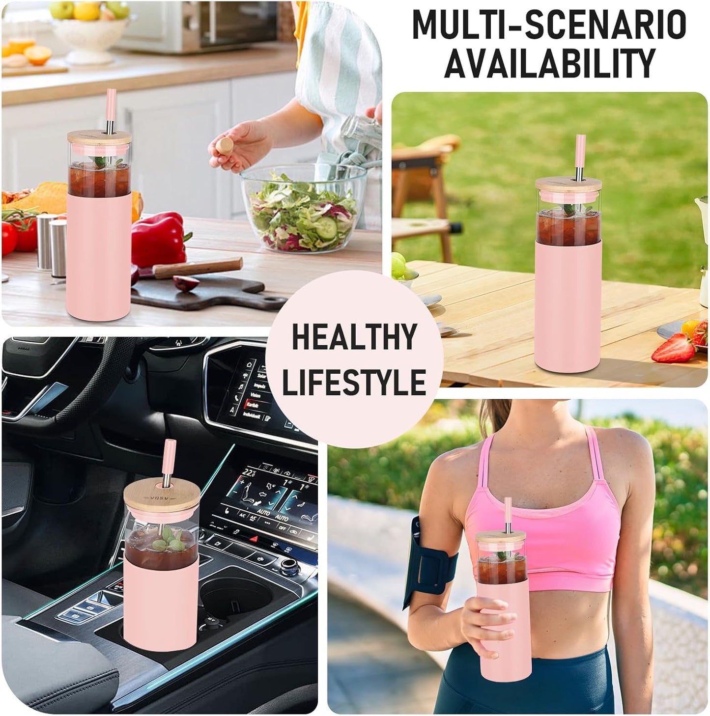 Glass Tumbler w/Lids & Straw: 24 oz Reusable Glass Cup w/Bamboo Lid, Stainless Steel Straws, BPA-Free, Leak-Proof, Dishwasher Safe for Coffee/Smoothies/Hot Beverage, Travel/Office/Home Use, 1-Pk