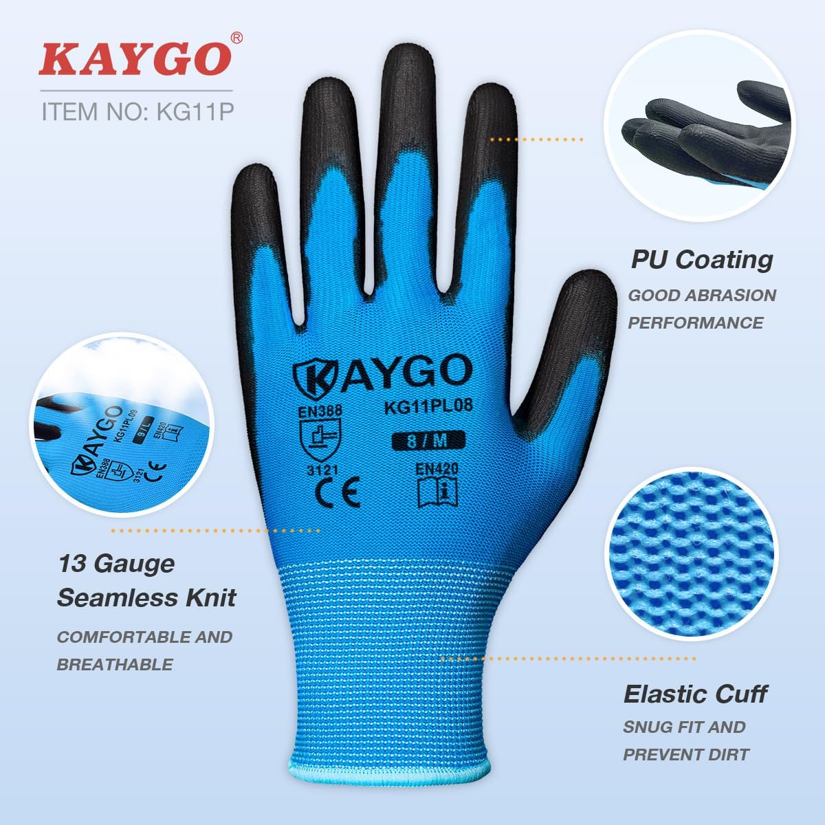 KAYGO Safety Work Gloves PU Coated,12 Pairs KG11PB, Seamless Knit Glove with Polyurethane Coated Smooth Grip on Palm & Fingers, for Men and Women, Ideal for General Duty Work (Medium,Blue)