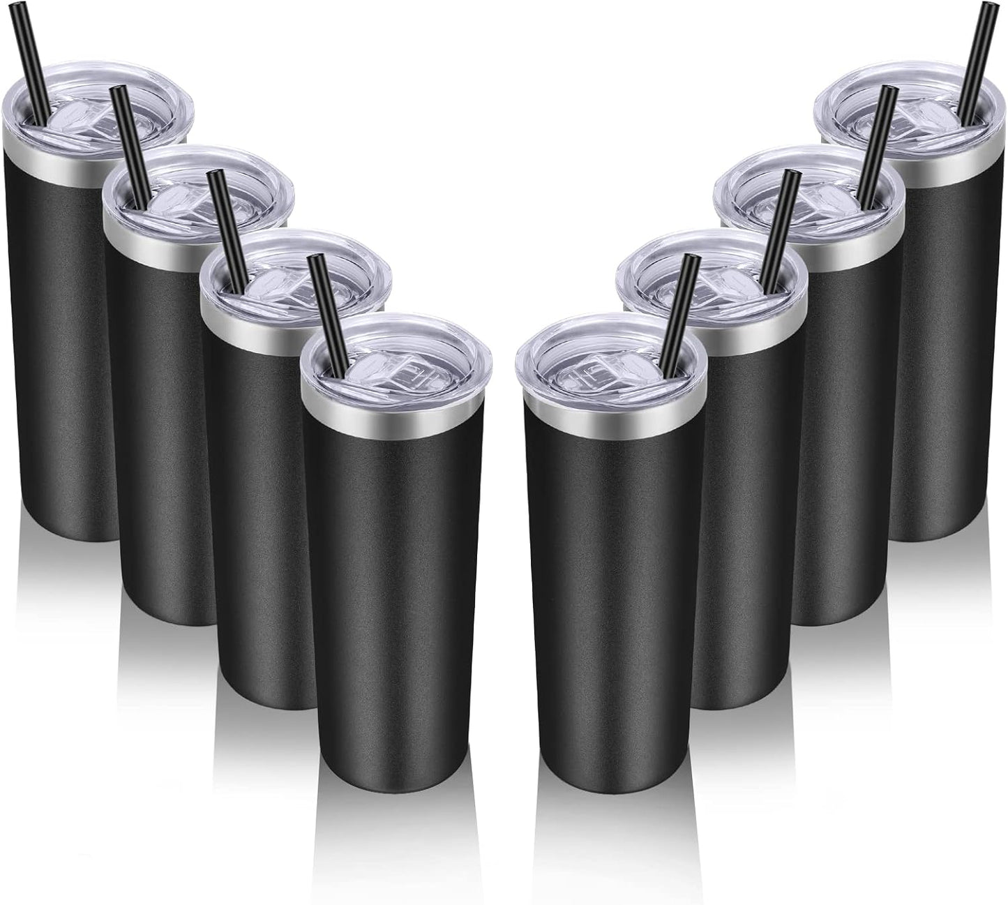 VEGOND Stainless Steel Tumblers Bulk 8 Pack, 20 oz Vacuum Insulated Skinny Tumblers with Lid and Straw, Double Wall Coffee Mug, Travel Water Cup, Black