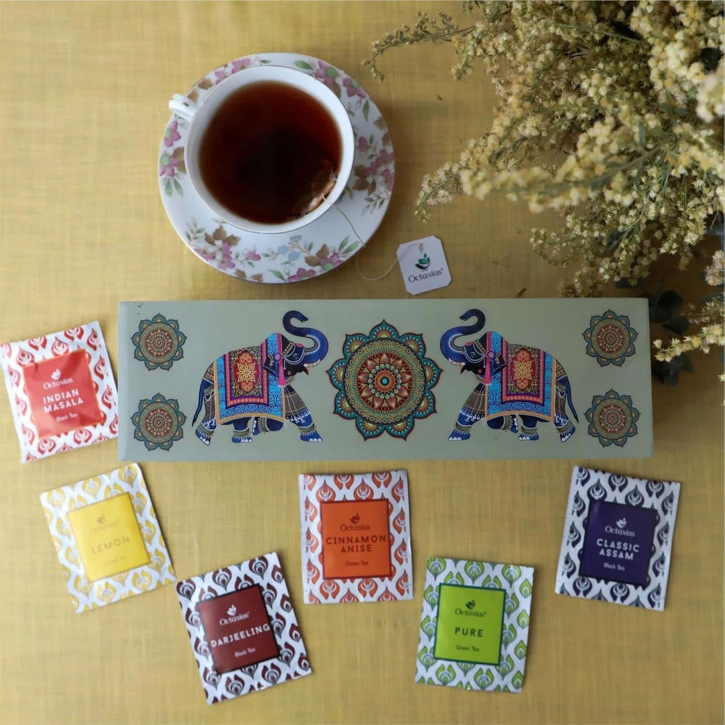 Octavius Gift's Select - Assorted Tea in Elephant Printed Wooden Box | 6 Flavors Black & Green, 60 Tea Bags | | Tea Gifts for Teas Lovers