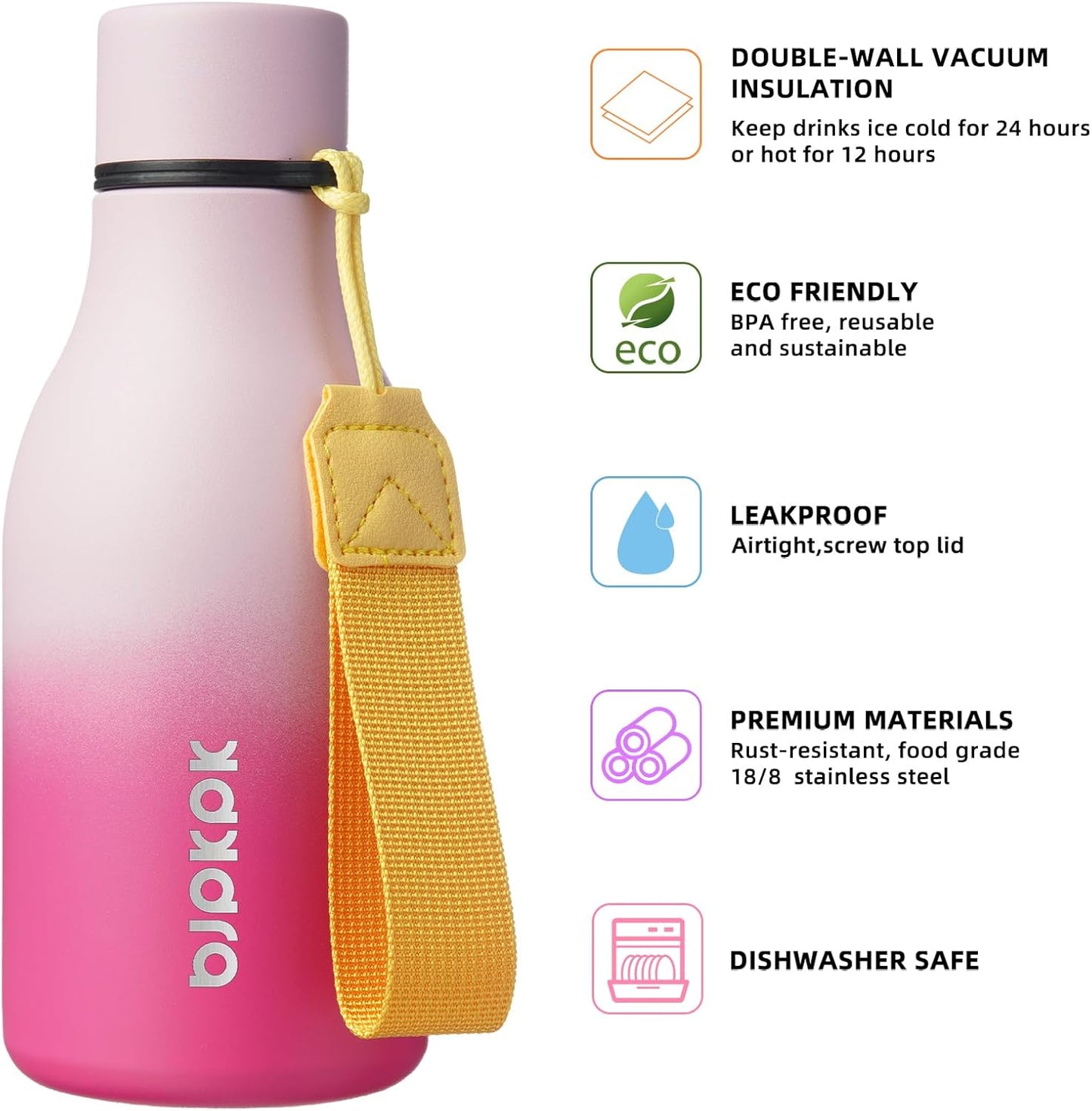 BJPKPK Insulated Water Bottles, 12oz Stainless Steel Metal Water Bottle with Strap, BPA Free Leak Proof Thermos, Mugs, Flasks, Reusable Water Bottle for Sports & Travel, Sakura