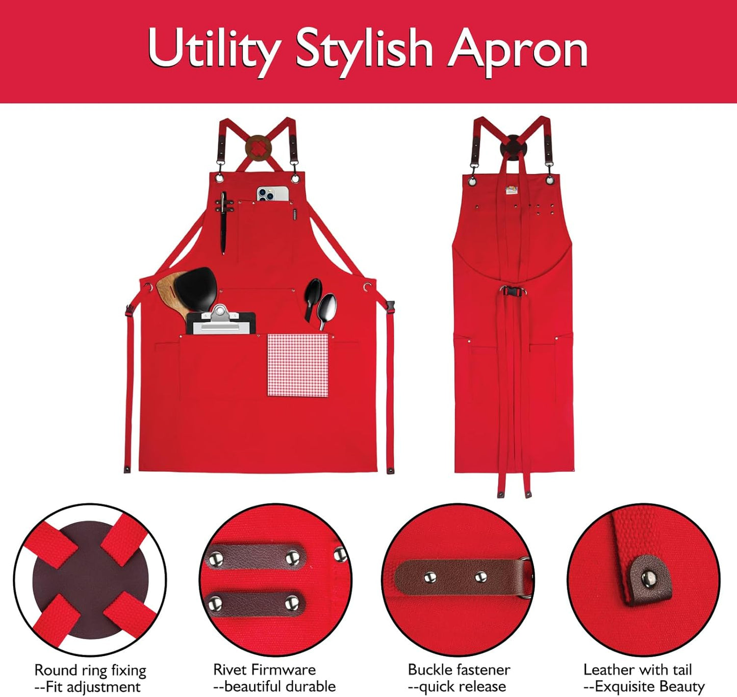 5 Pack Kitchen Apron, Work Apron, Canvas, Multiple Pockets, Gardening, Painting, BBQ, Artist, Carpenter, Sizes M to XXL, Red