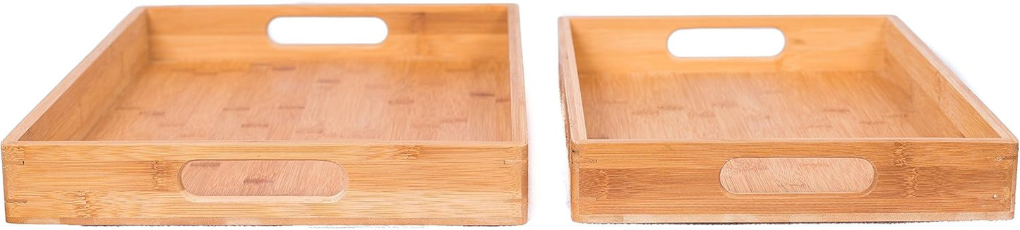 BirdRock Home 2pc Bamboo Serving Trays Set with Handles | Wood | Food | Breakfast Tray | Party Platter | Nesting | Kitchen and Dining