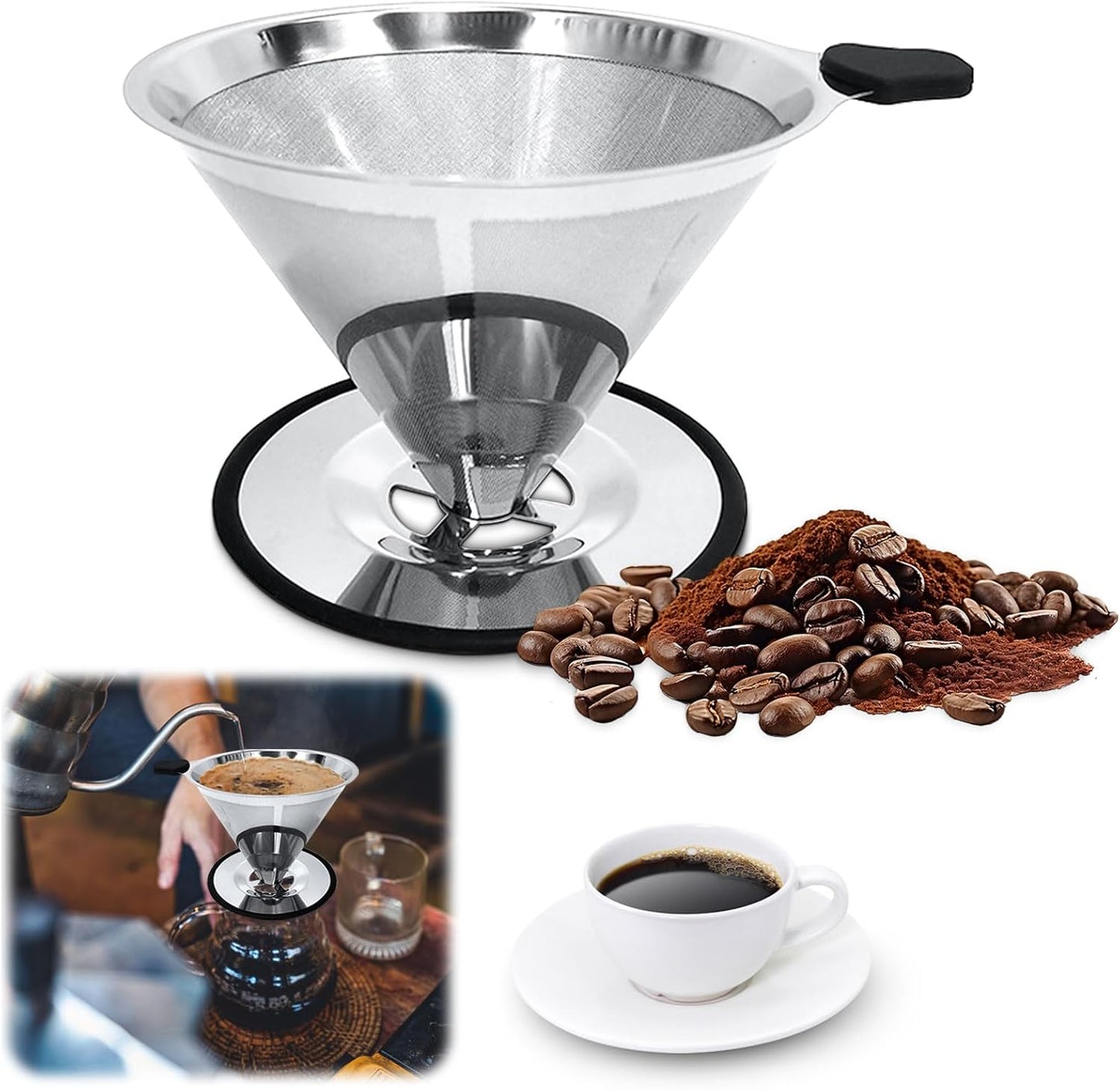 Pour Over Coffee Dripper-Stainless Steel Coffee Filter,Reusable Drip Cone Coffee Filter Portable Pour for 1-4 Cup (With Silicone Ring, L)