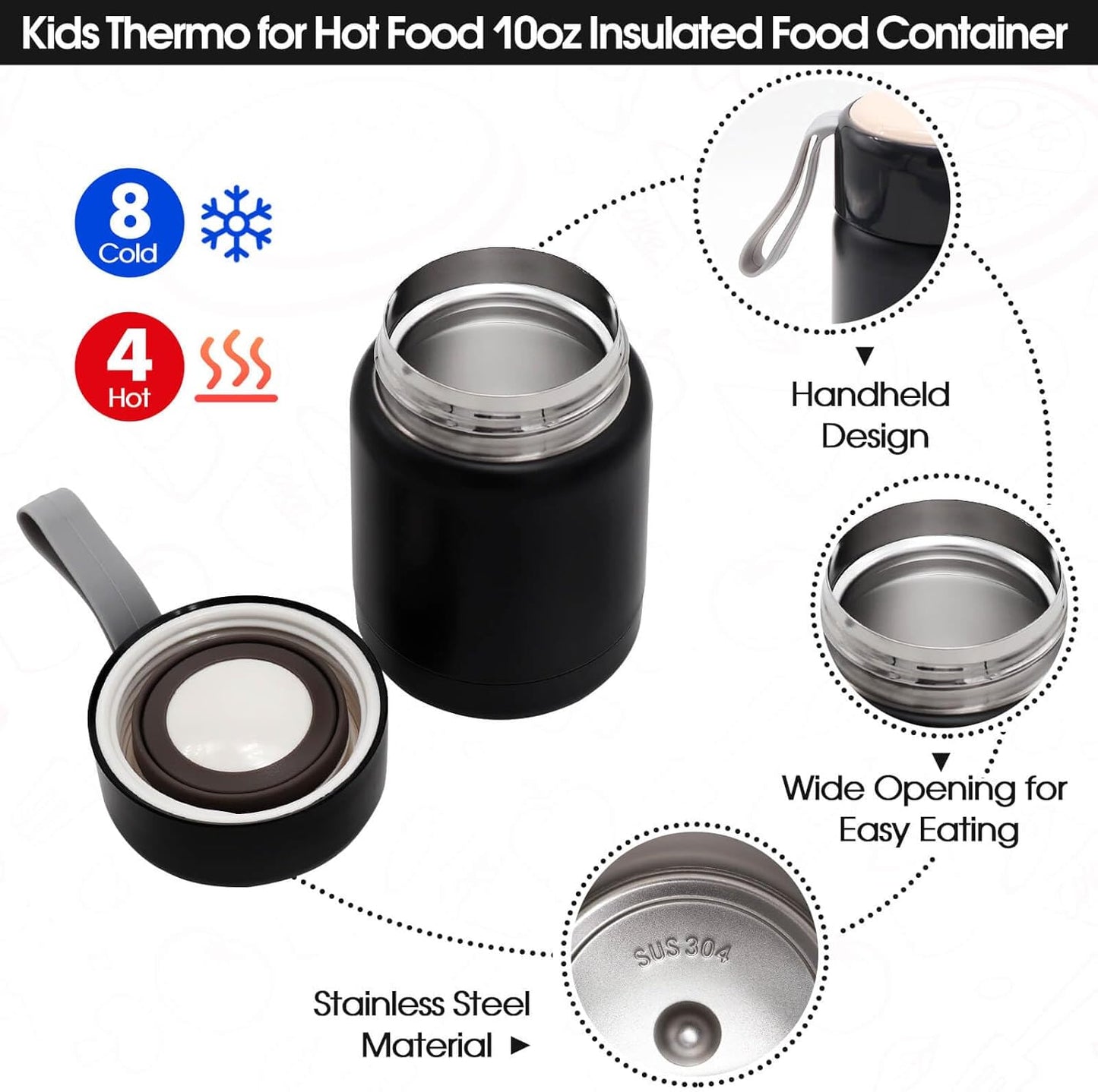 Insulated Lunch Bag for Boys Girls with 10oz Thermo, with 6 Compartment Bento Box, Black Nylon Preppy Lunch Box Adjustable Strap for Boy Girl Kids Teens School Travel Picnic