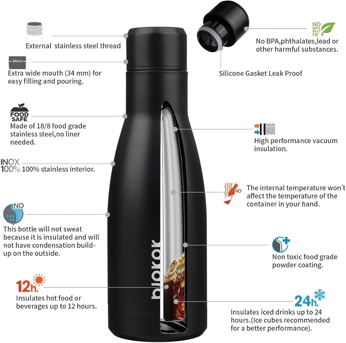 BJPKPK 12oz Water Bottles Stainless Steel Double Wall Vacuum Insulated Small Water Bottles for Travel,Midnight Black