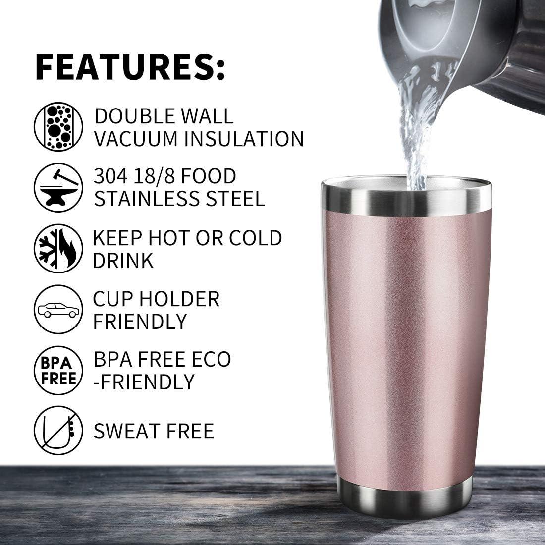 20oz Tumbler Bulk Stainless Steel Vacuum Insulated Tumblers with Lid Double Wall Travel Mug Powder Coated Coffee Cup, Suitable for Ice Drinks and Hot Beverage (Rose gold 12pack)