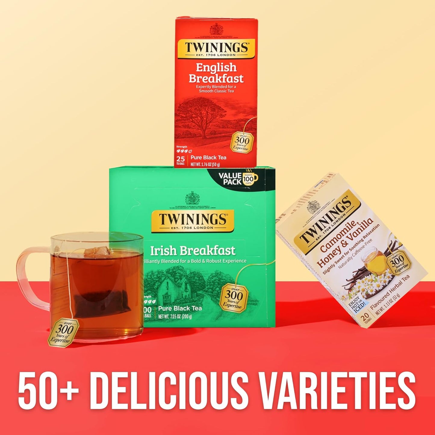 Twinings English Breakfast Black Tea Individually Wrapped Bags, 25 Count (Pack of 6), Flavourful, Robust Black Tea, Caffeinated, Enjoy Hot or Iced, 150 Teabags