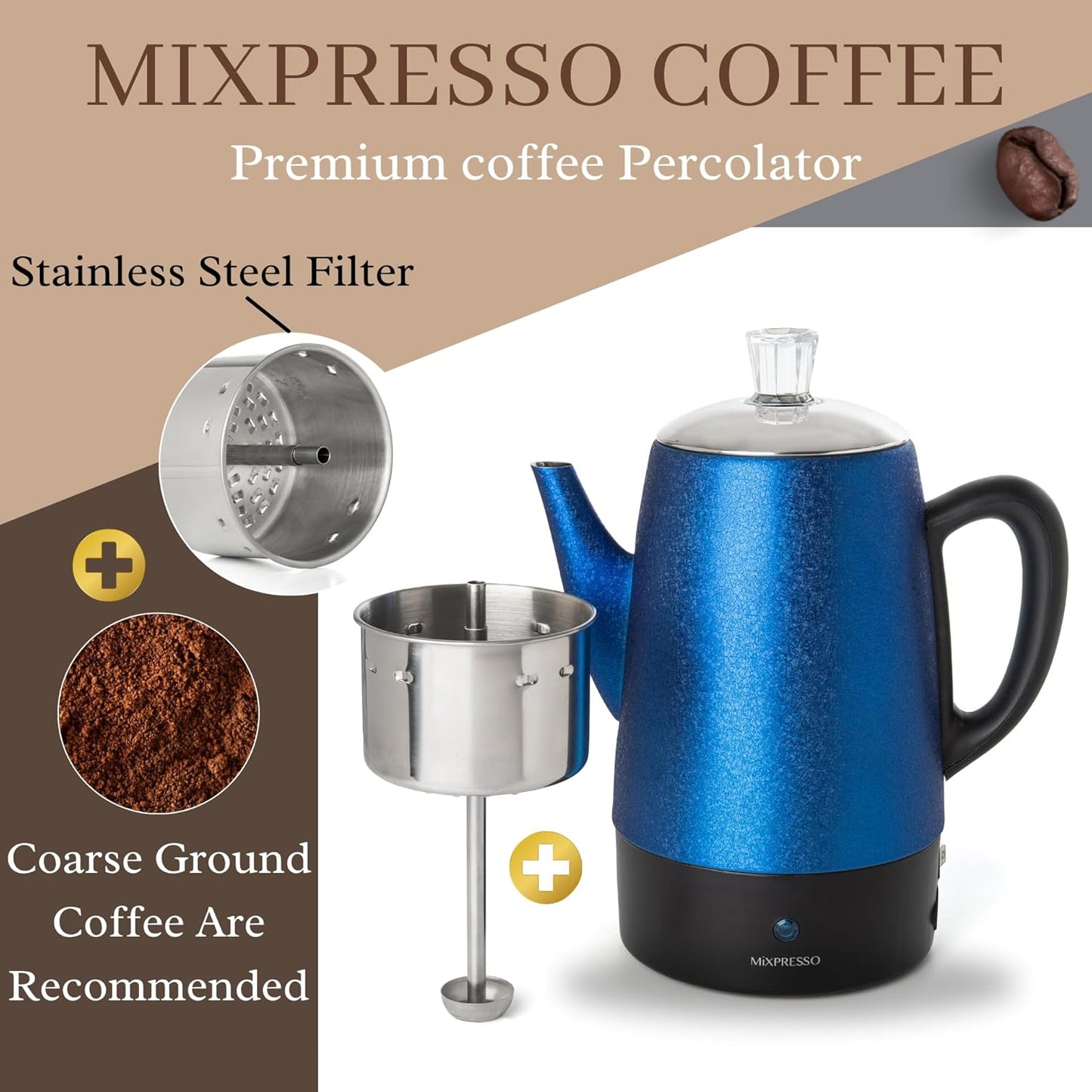 Mixpresso 10 Cup Percolator Coffee Pot Electric, Stainless Steel Coffee Percolator Electric With Keep Warm Function, Classic Perculator Pot With Removable Basket for Home or Office - Shiny Blue