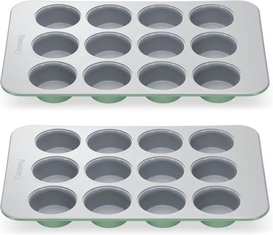 Caraway Non-Stick Ceramic 12-Cup Muffin Pan Duo - Naturally Slick Ceramic Coating - Non-Toxic, PTFE & PFOA Free - Perfect for Cupcakes, Muffins, and More - Sage
