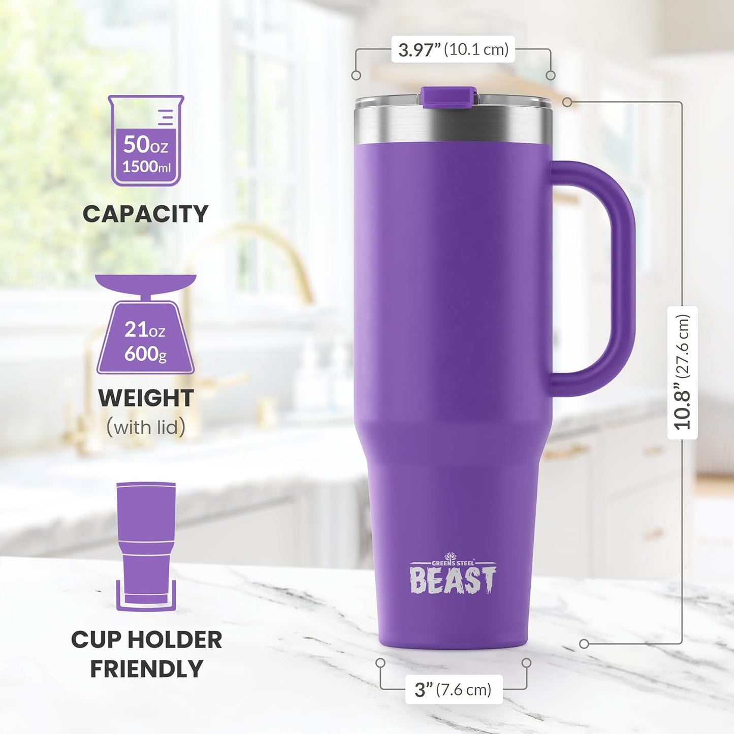 Beast 50 oz Tumbler Stainless Steel Vacuum Insulated Coffee Ice Cup Double Wall Travel Flask (Deep Purple)