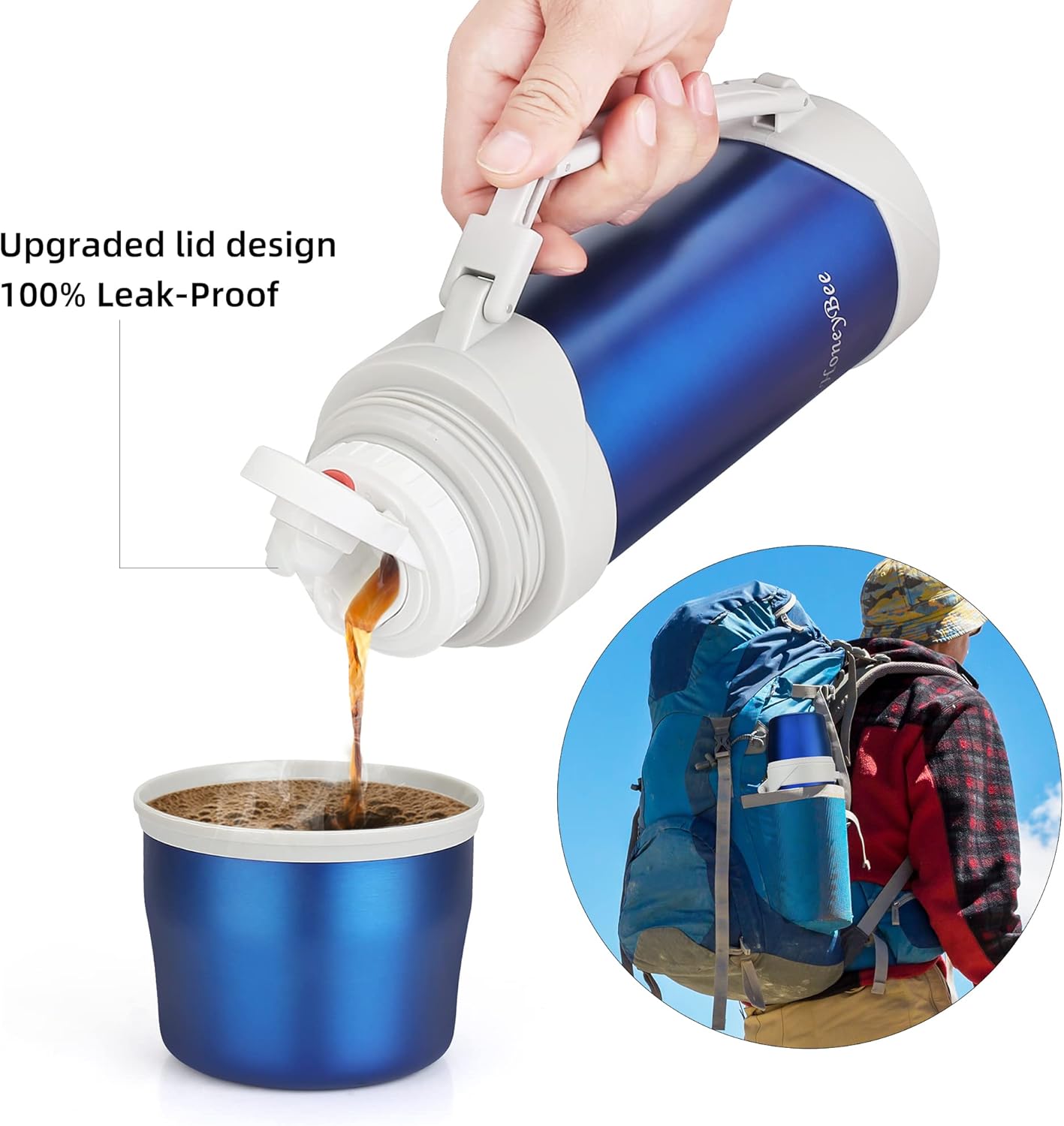 HoneyBee Hot Drinks Keeps Liquid Hot or Cold for Up to 24 Hours Thermos 41 Ounce Coffee Thermos 18/8 Stainless Steel Bpa-Free Insulated Flask，Flask for Hot Water (Blue)