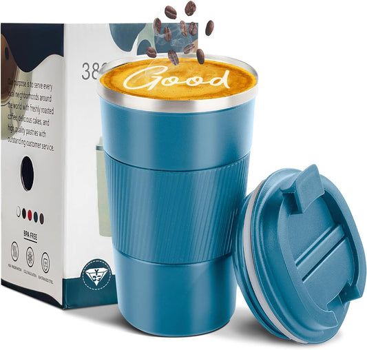 YINBAOGE Insulated Travel Coffee Mug Spill Proof Leak Proof Pobtable To Go Camping Stainless Steel Coffee Tumbler Reusable Coffee Cups with Lids Thermos for Hot and Cold Drink (Blue, 17 OZ)