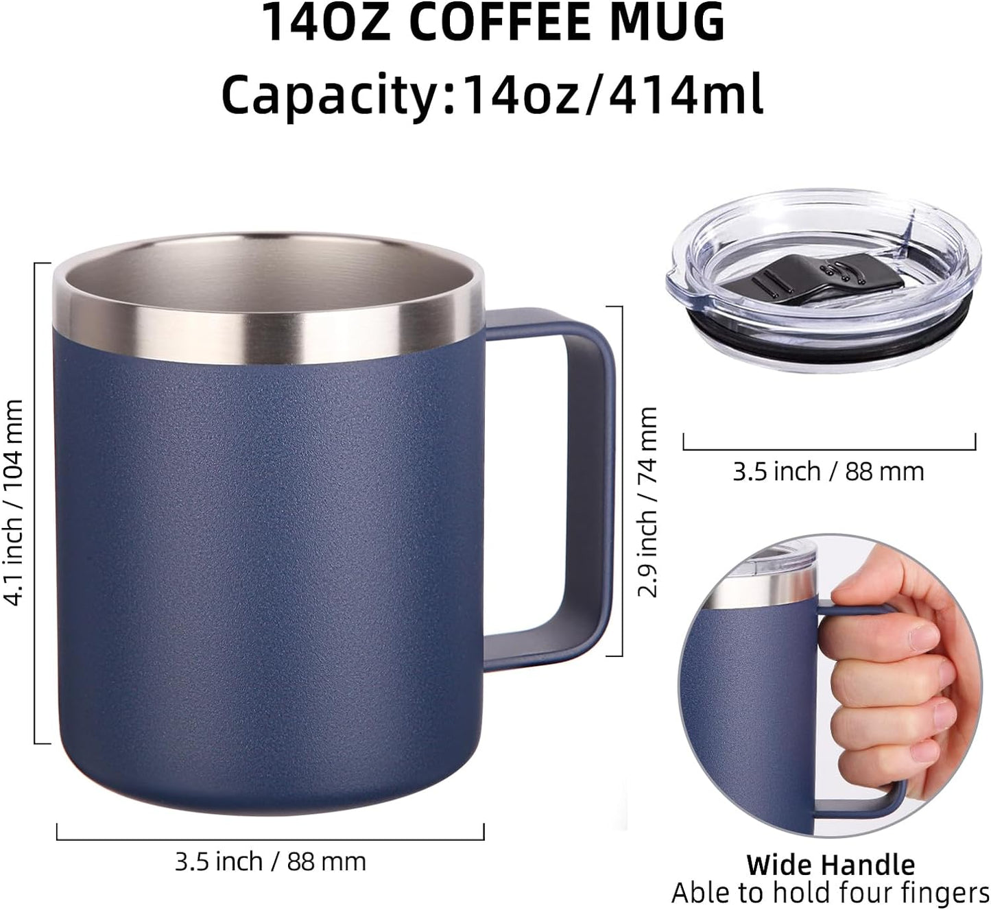 Volhoply 14oz Insulated Stainless Steel Coffee Mug with Lid Bulk 2 Pack,Double Wall Vacuum Travel Coffee Cup with Handle,Reusable Metal Cups Tumbler,Camping Mugs Keep Hot,Ideal Gifts(Navy,2)