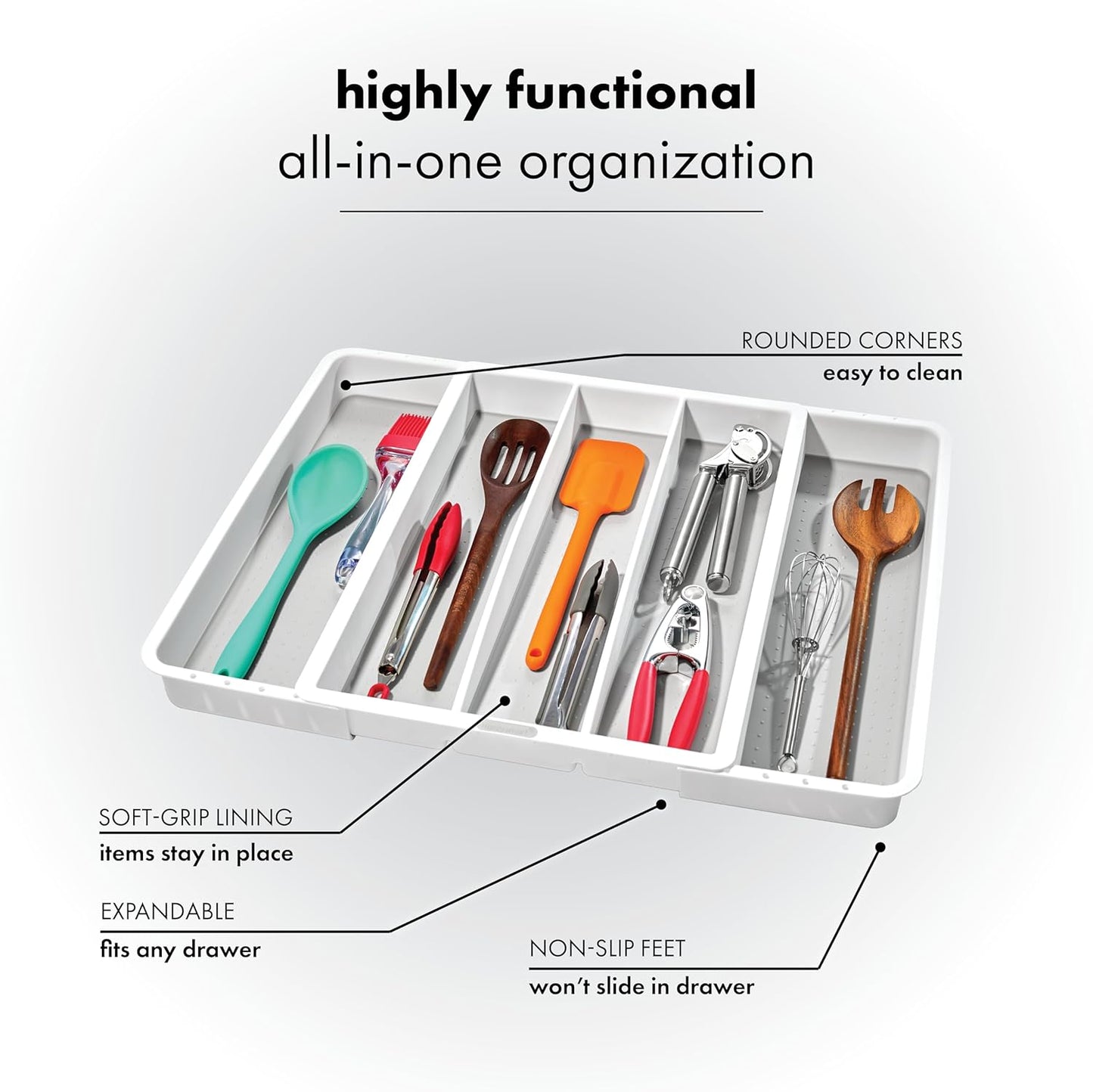madesmart Expandable Utensil Tray-White | Classic Collection | 5-Compartments | Kitchen Organizer | Soft-Grip Lining and Non-Slip Rubber Feet | Easy to Clean | BPA-Free