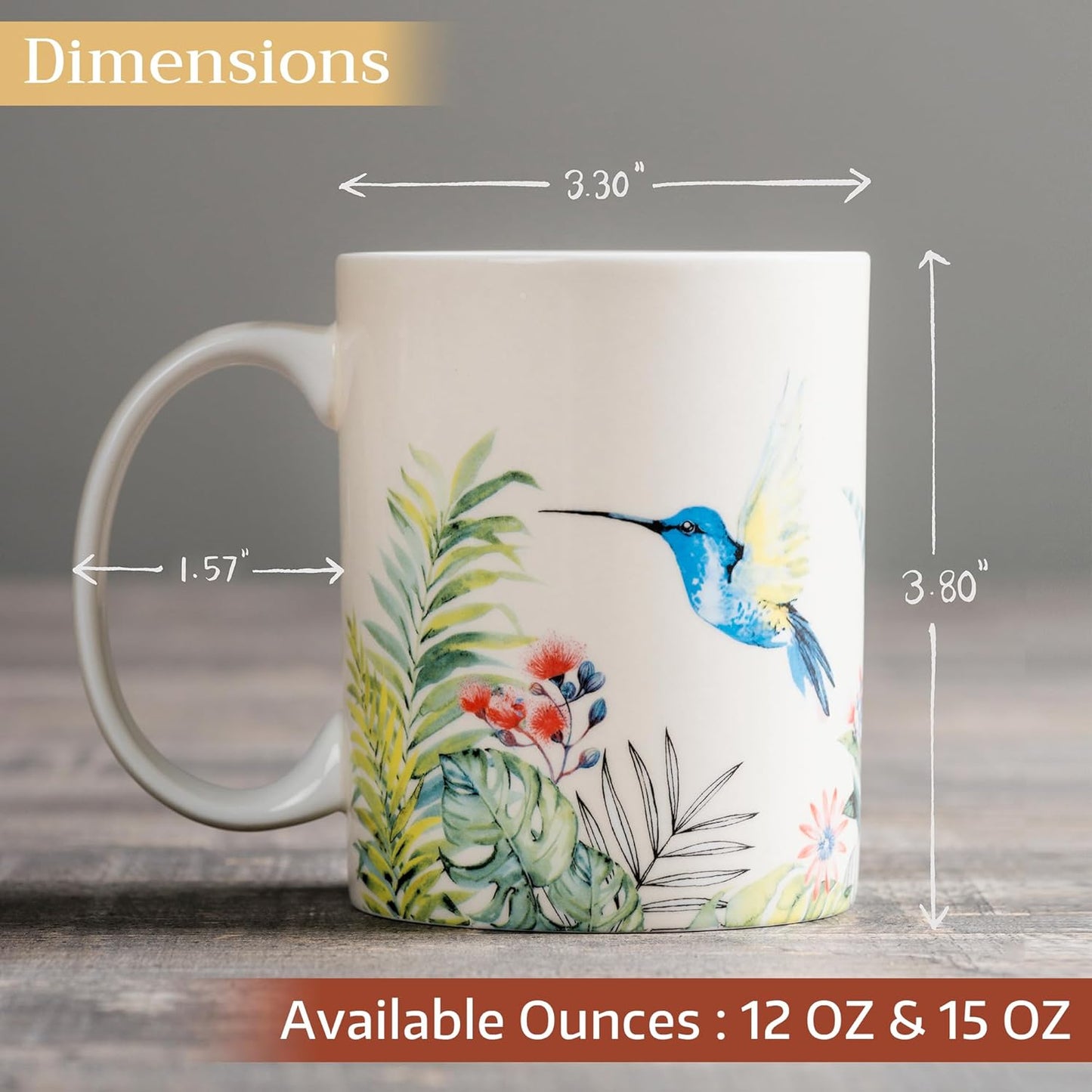 Maison d' Hermine Coffee Mug with Handles Fine Bone China Mugs Pack of One Tea Cups for Hot Beverages Cappuccino Latte Home Restaurant Office Perfect for Gift (Tropiques - Hummingbird, 15 Ounce)