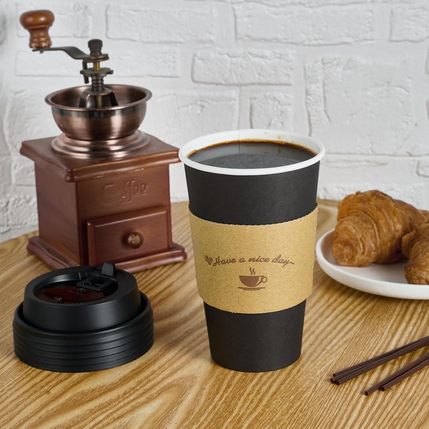 LITOPAK 100 Pack 16 oz Paper Coffee Cups with Lids, Black Disposable Coffee Cups with Lids, Sleeves and Stirring Sticks, for Parties, Picnic, Travel, and Events