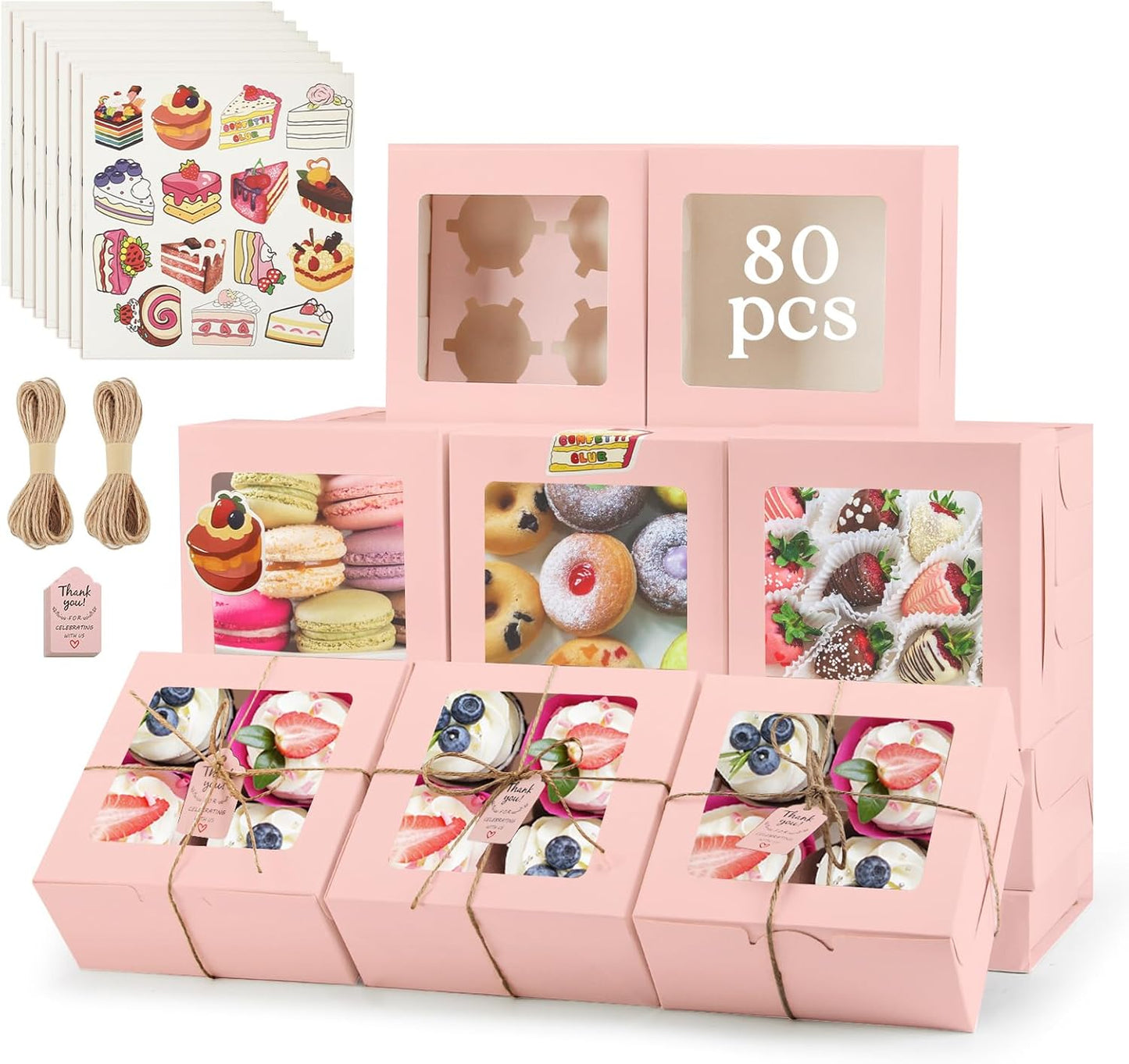 OAMCEG 80 Pack Cookie Boxes with Window, 6x6x3 Inches Pink Cupcake Boxes, Bakery Treat Boxes with Stickers & Twine for Pastry, Desserts, Strawberries, Cupcakes, Gift Giving