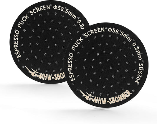 MHW-3BOMBER 58.5mm Espresso Puck Screen 2 Packs Metal Espresso Filter Reusable Coffee Filters for 58mm Portafilter Basket 0.8mm Thickness Titanium Coating Black FG7012-OS