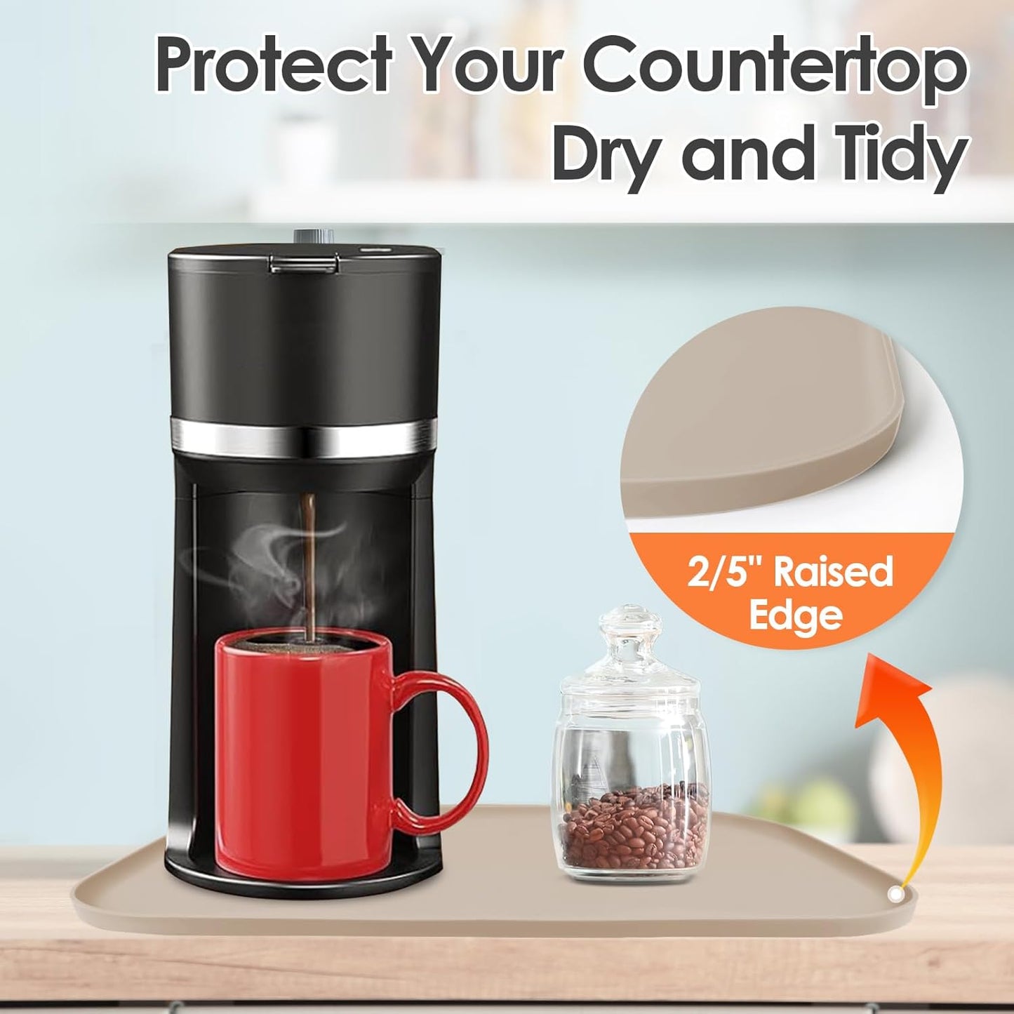 Silicone Coffee Maker Mat with Lip, 24'' x 16'' Heavy Duty Coffee Maker Mat for Countertops, Coffee Tray Fit Under Coffee Machine Appliance Automatic Machines Espresso Accessory, Khaki