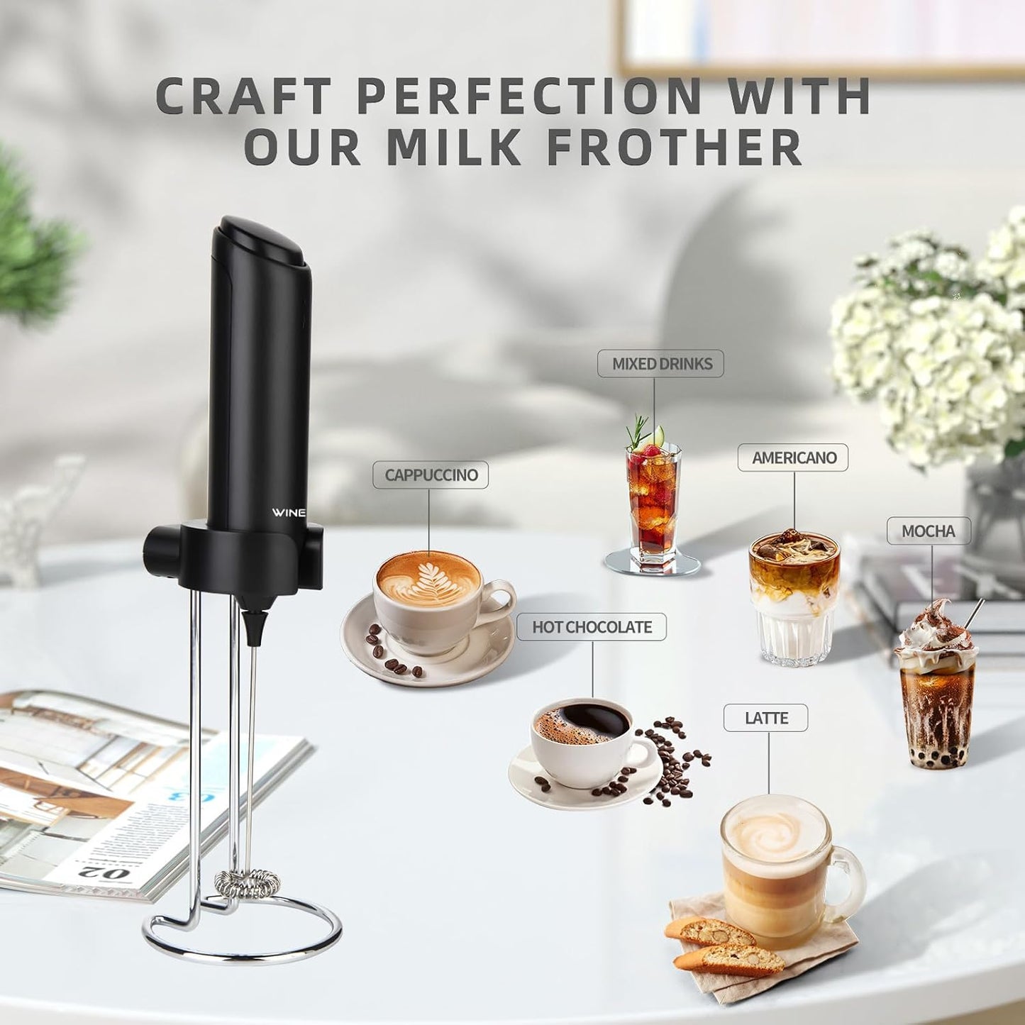 Rechargeable Electric Milk Frother Handheld, Coffee Frother with USB C Charging Stand, Powerful Frother Wand Whisk, Drink Mixer for Lattes, Hot Chocolate, Matcha, etc