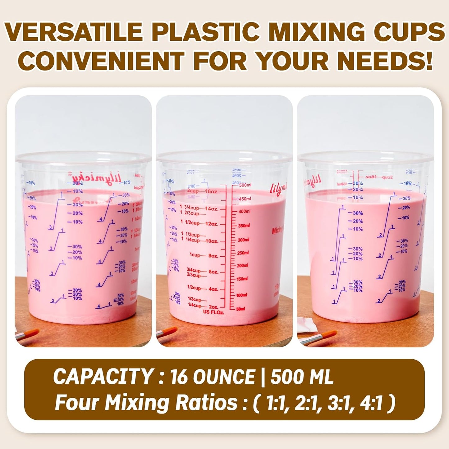 16 oz Plastic Mixing Cups, 50 Pack 16 oz (500ml) Disposable Measuring Cups with 50 Wooden Mixing Sticks, Can Be Used for Epoxy Resin, Liquid Measuring, Paint, Cooking and Baking