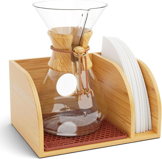 HEXNUB Bamboo Caddy for Pour Over Coffee Maker, Fits Chemex, Bodum, Cosori, Heatproof Mat, Filter Holder