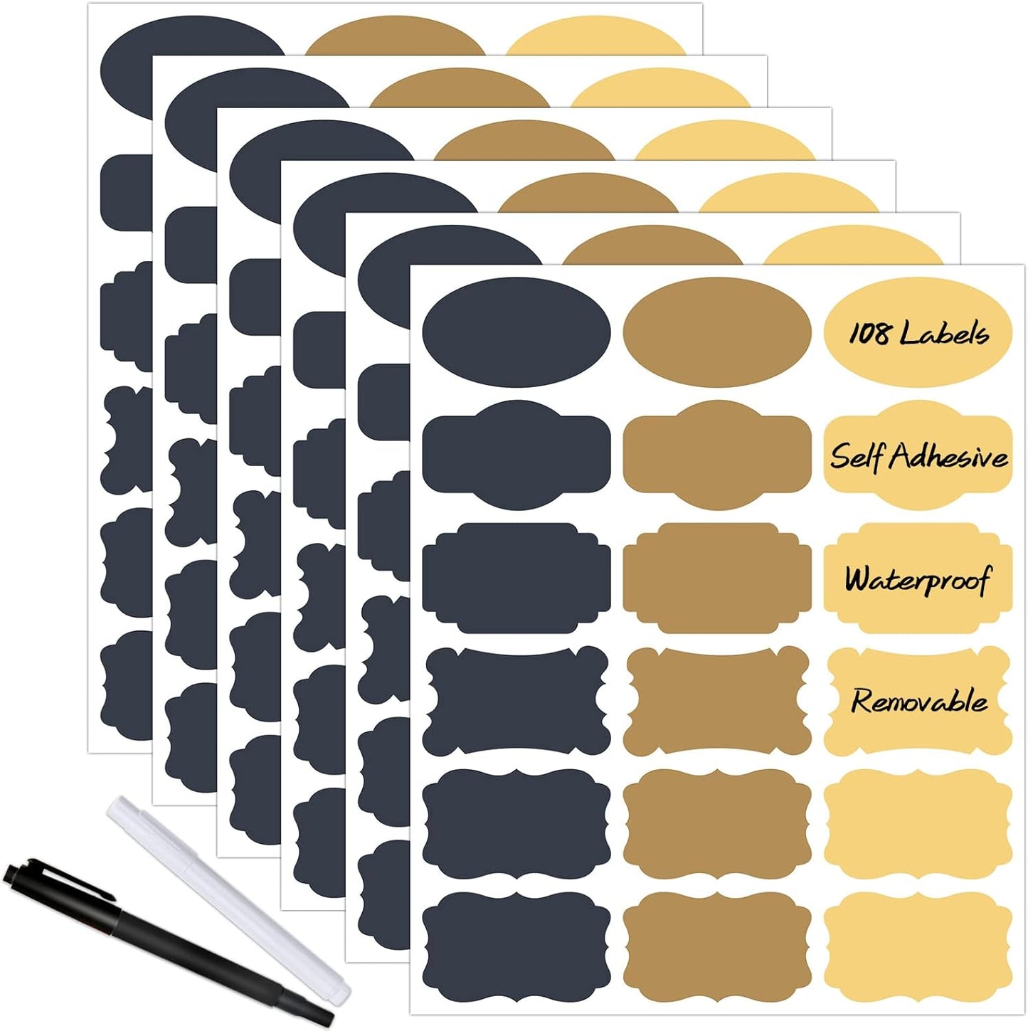 Nardo Visgo 108pcs Colored Labels for Food Containers with 2 Markers, Waterproof Removable Self-Adhesive Colorful Chalkboard Label Stickers for Kitchen Spice Jar Bottle Storage Bin Pantry Organizing