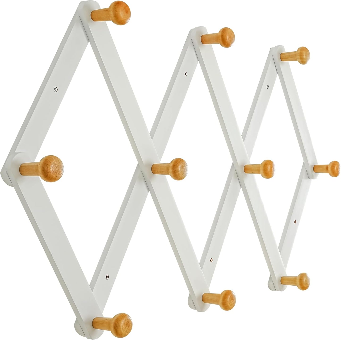 Dseap Expandable Coat Rack (Larger Version) - 24” High, Anti-Slip, Ultra Heavy Duty Wooden Accordian Wall Hanger with 10 Study Peg Hooks for Clothing Hats Jackets Bags, White & Natural