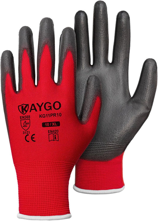 KAYGO Safety Work Gloves PU Coated-60 Pairs, KG11P Seamless Knit Glove with Polyurethane Coated Smooth Grip on Palm & Fingers, for Men and Women, Ideal for General Duty Work,Red,XL