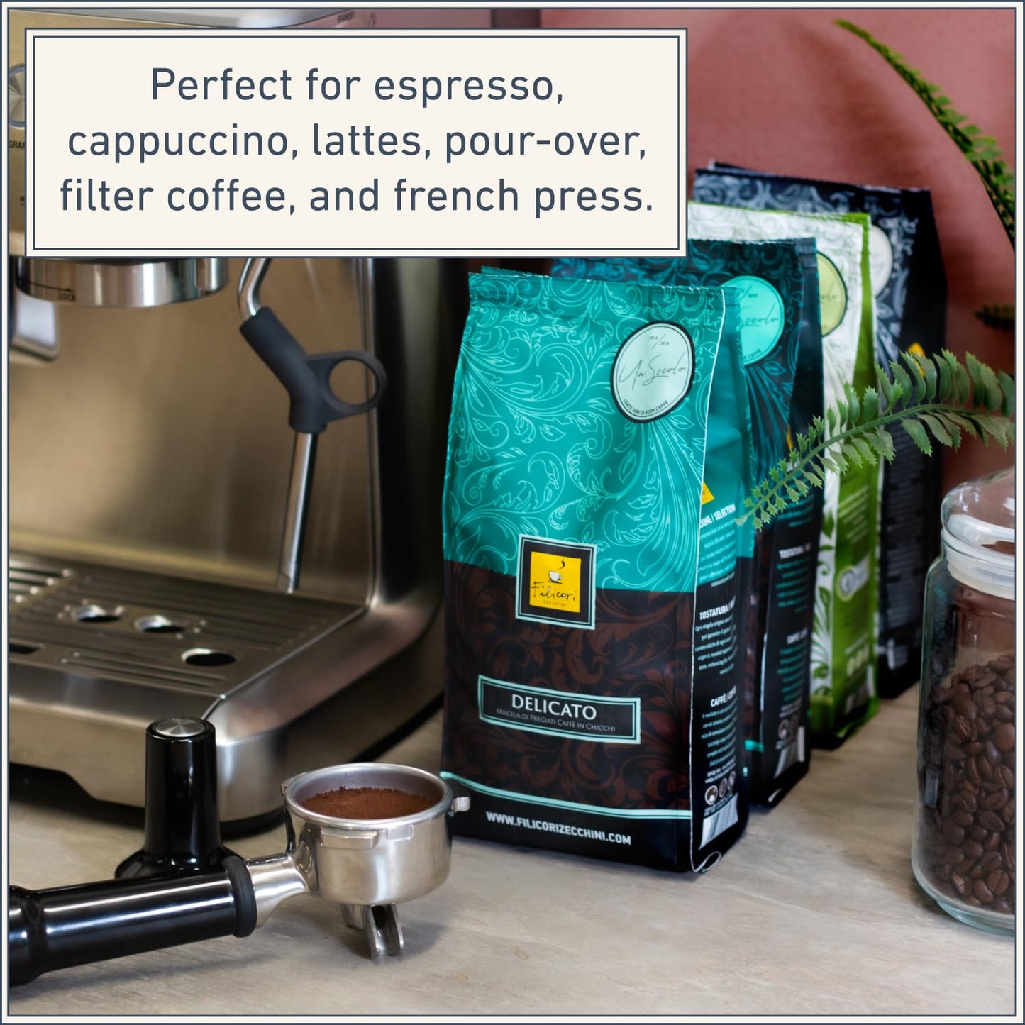 Filicori Zecchini Italian Espresso Beans – Whole Bean Coffee Medium Roast Arabica & Robusta Blend – Low Acidity, Slow Roasted – Delicato 2.2lb Bag