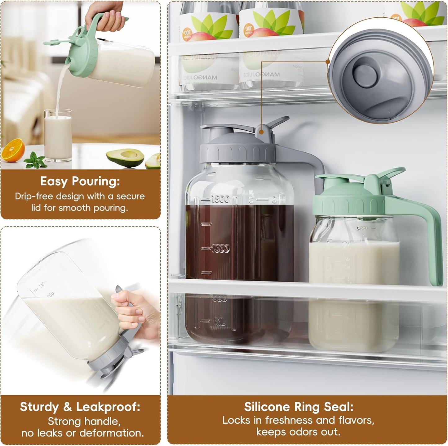 Glass Mason Jar Pitcher, 64 oz Wide Mouth Jug with Pour Spout Handle Lid for Cold Brew Coffee, Ice Beverage, Iced Juice, Lemonade, Sun Tea, Fruit Drinks Container（Green）