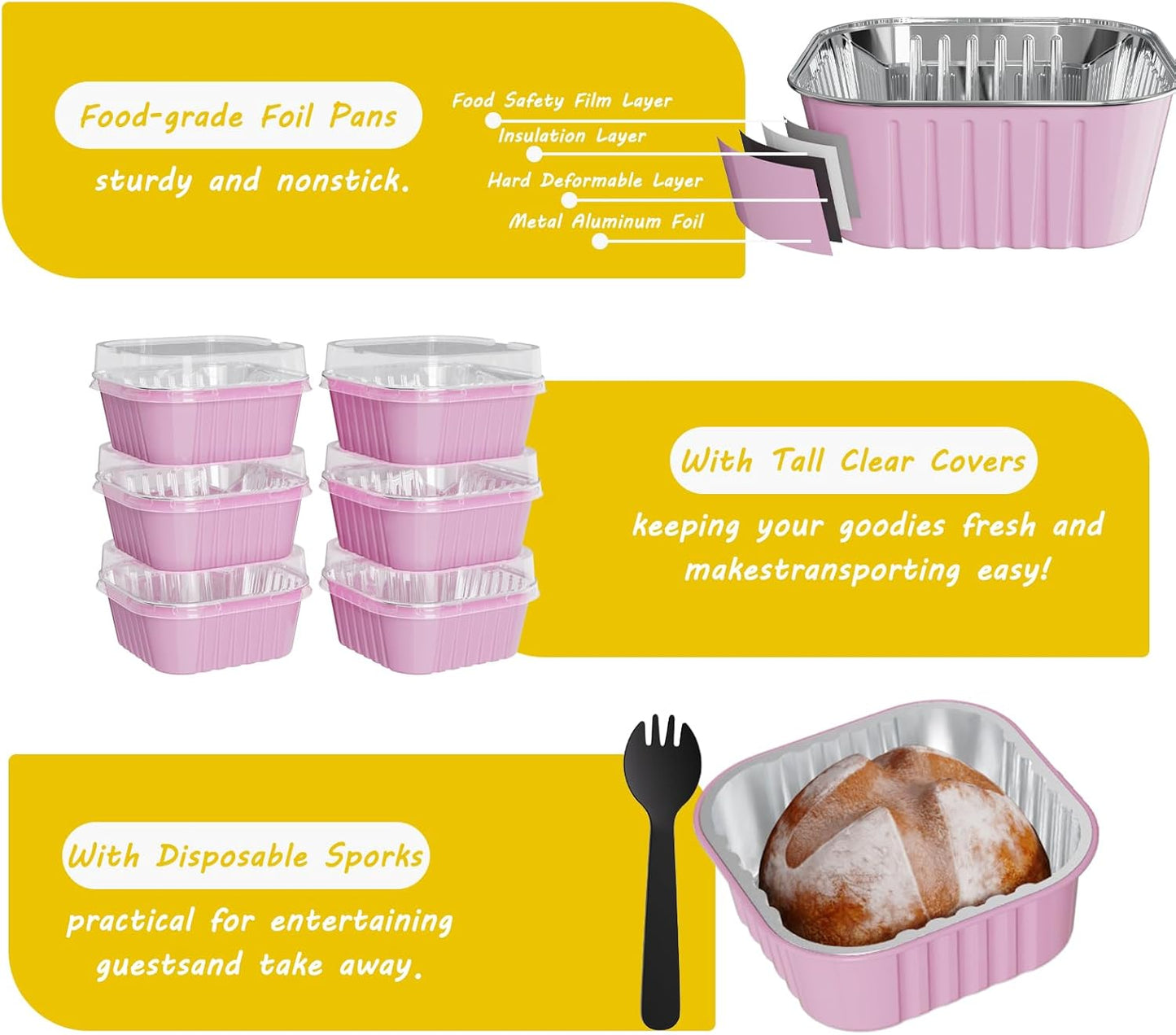 25 Pack Square Mini Cake Pans with Lids,Mini Loaf Pans with Lids,Aluminum Foil Baking Cups,Disposable Ramekins Cupcake Cups,Dessert Cups for Wedding Birthday Party Picnics,5oz (Pink)
