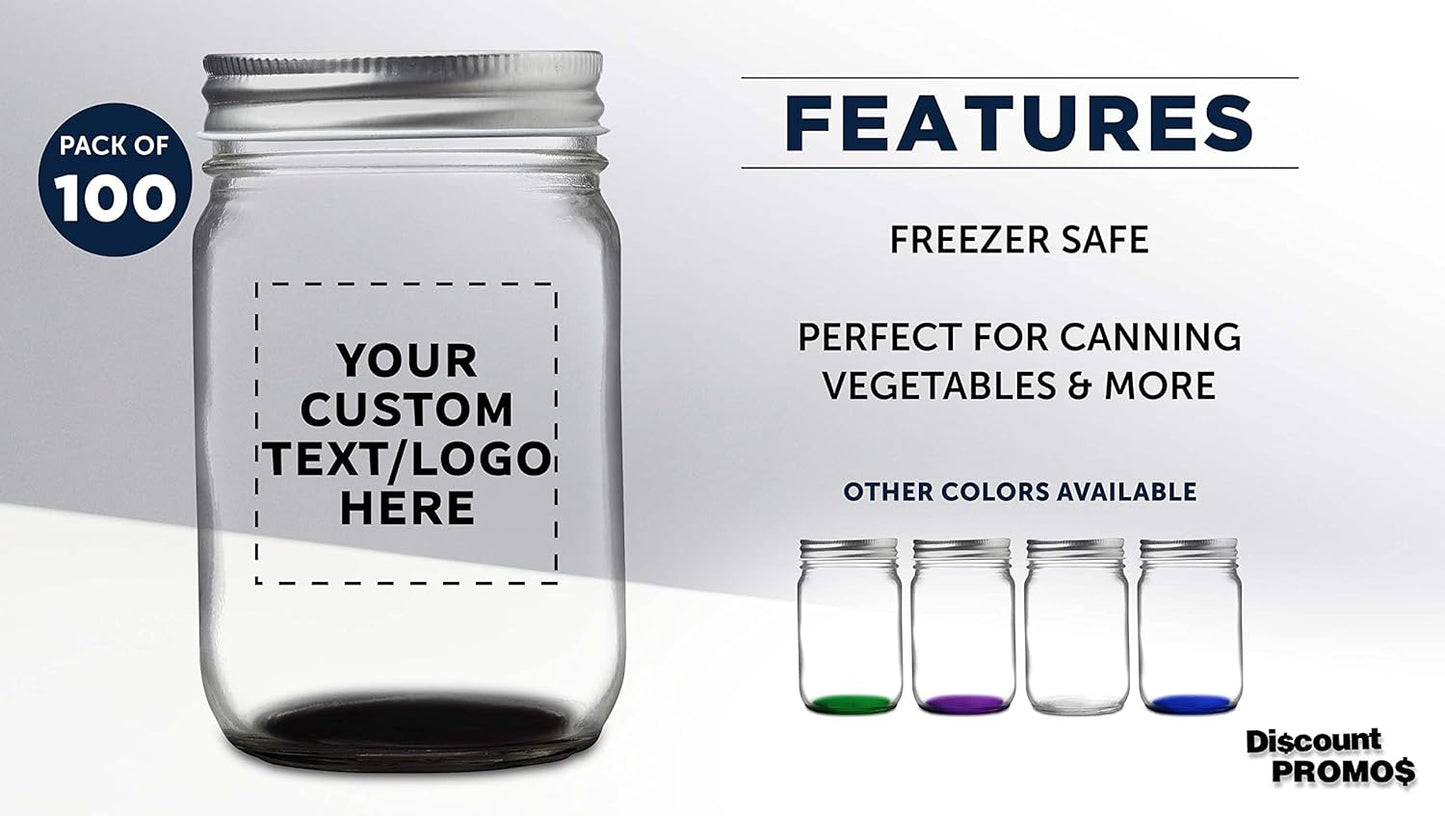 DISCOUNT PROMOS 100 Decorating Mason Jars Set, 12 oz. - Customizable Text, Logo - Canning, Aluminum Lid - Black