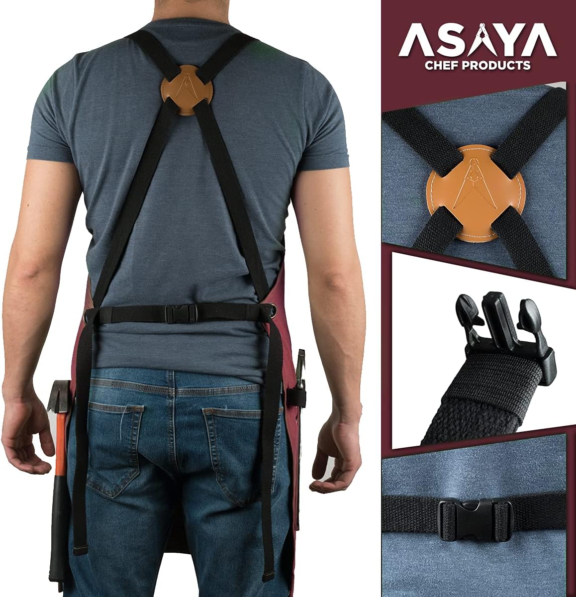 Asaya Chef and BBQ Apron with Bottle Opener and Hand Towel - 10oz Cotton Canvas, Stainless Steel Hardware - Cross Back Straps