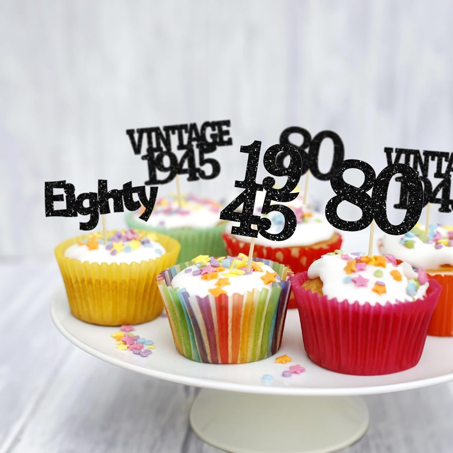 Gyufise 24Pcs Vintage 1945 Cupcake Toppers Glitter Cheers to 80 Fabulous Eighty Cupcake Picks 80th Birthday Wedding Anniversary Party Cake Decorations Supplies Black