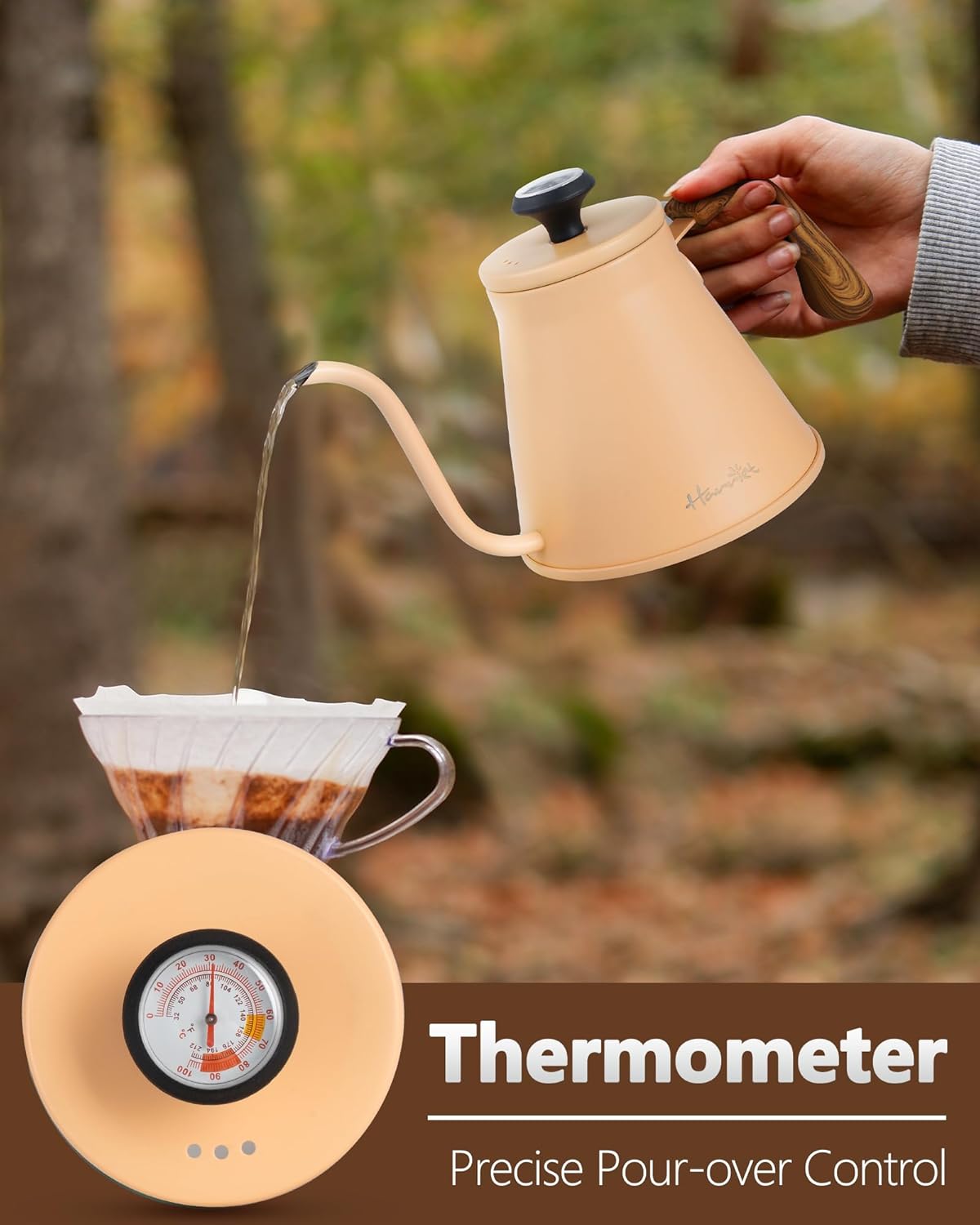 Harriet Gooseneck Kettle with Thermometer for Pour Over Coffee and Tea, 37 fl oz, Stainless Steel, Durable 3-Layer Base, Ideal Spout for Precision Pouring, Compatible with all Stove Tops, Peach