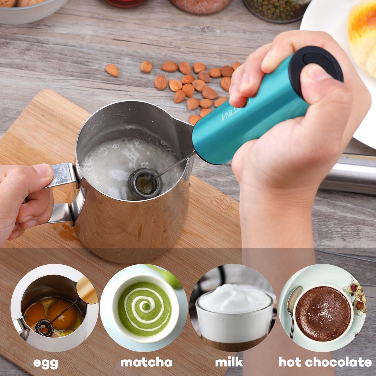 Rechargeable Milk Frother Handheld Electric Frother Wand Milk Foamer Drink Mixer for Coffee, Lattes, Cappuccino, and Egg, Stainless Steel for Travel-Light Blue