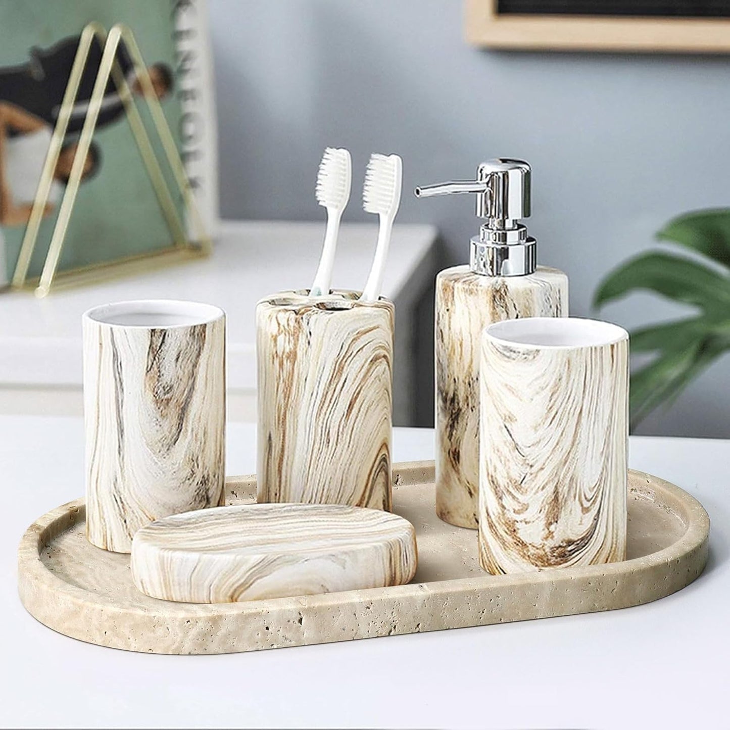 Natural Marble Tray, Oval Vanity Decorative Tray for Bathroom Counter, Countertop Stone Organizer, Catchall Tray for Kitchen, Perfume, Candles, Jewelry Dish Decorative Tray