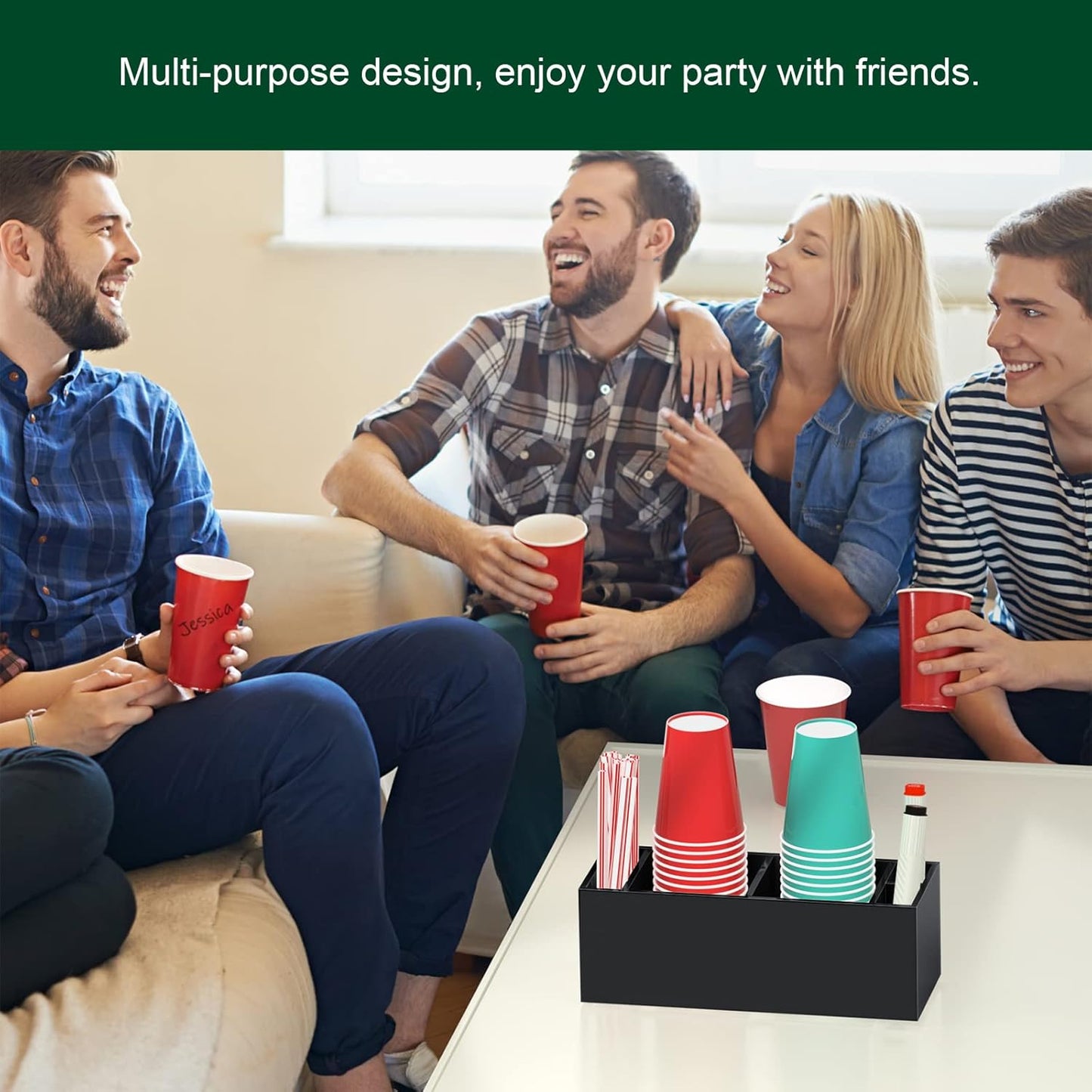 Double Cup Holder with Marker Slot, Party Cup Dispenser Acrylic Cup Organizer Mark Your Cup and Drink Up Caddy Modern Bar Counter Decor, Black